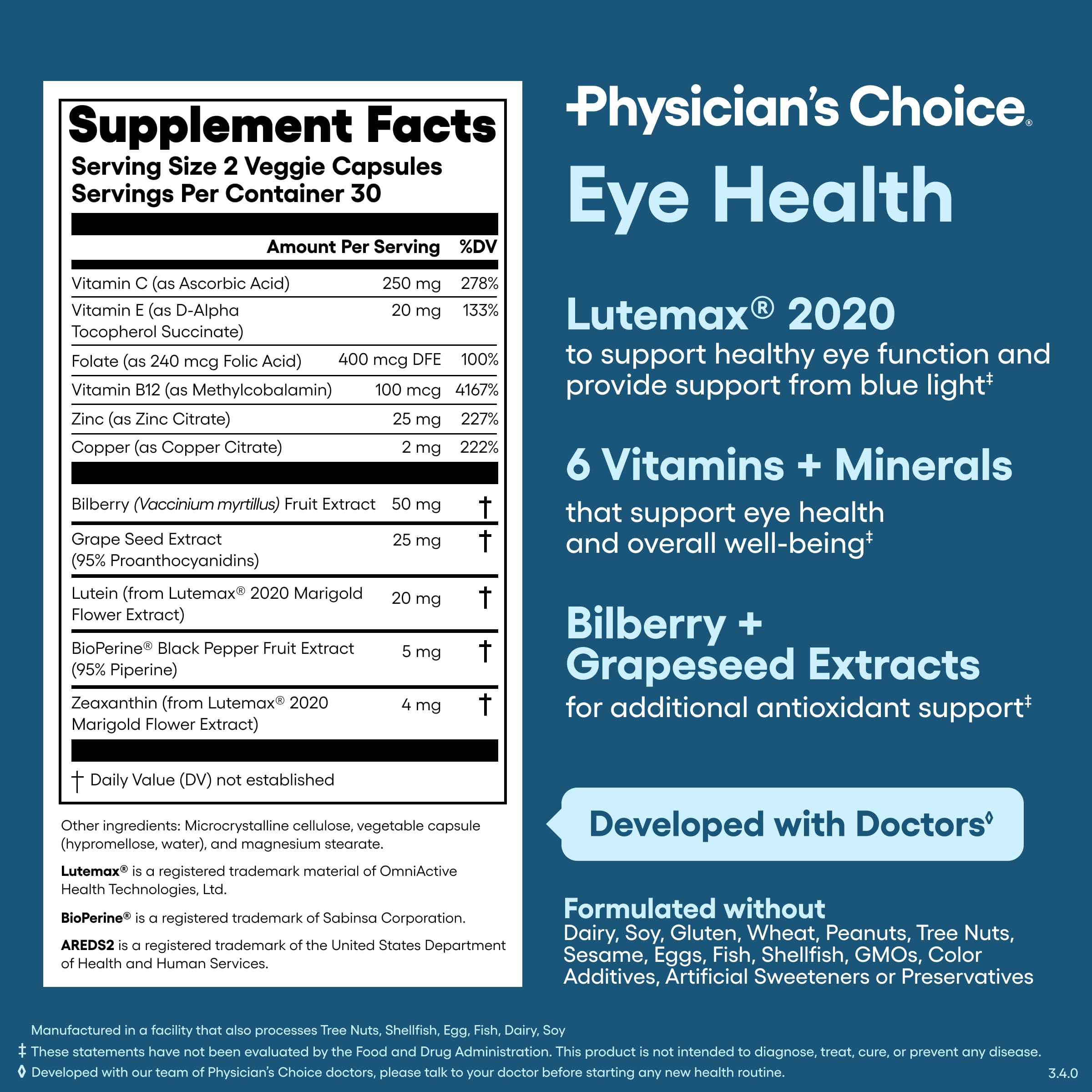 Physician's Choice Eye Health - Lutein, Zeaxanthin & Bilberry Extract - Supports Eye Strain, Dry Eyes, and Vision Health - 2 Award-Winning Clinically