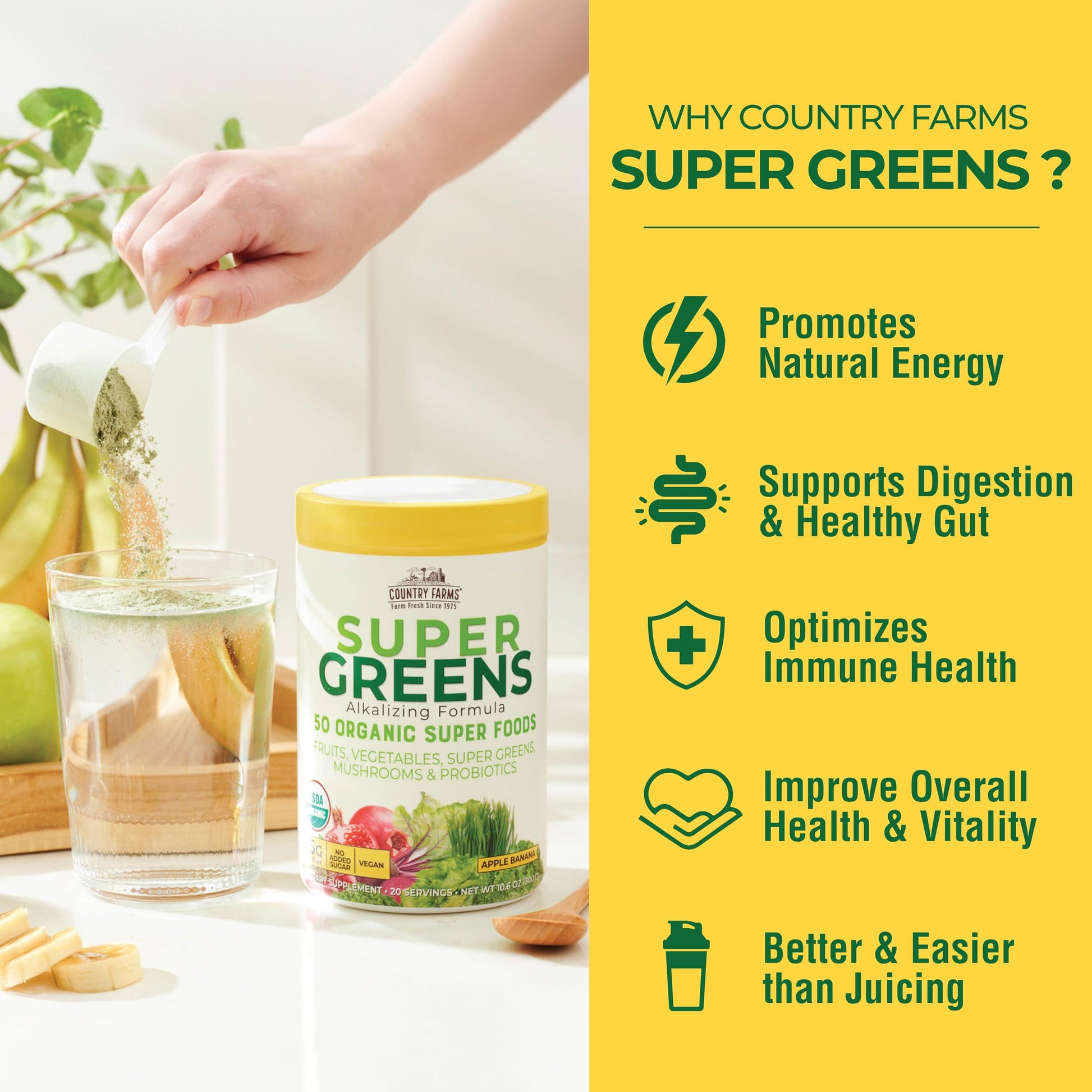 Country Farms Super Greens Apple Banana Powder Smoothie, Organic Super Foods, USDA Organic Drink Mix, Fruits, Vegetables, Mushrooms, Superfood Nutrition, 40 Servings, 2 Pack Country Farms Au supplements