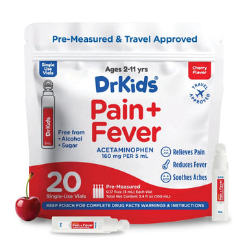 Dr. Kids Children’s Pain and Fever Medicine - Acetaminophen for Kids Ages 2-11, Pre-Measured Single-Use Vials for Headache, Sore Throat, Cold and Flu, Cherry Flavor, 20 Count Dr. Kids Au supplements