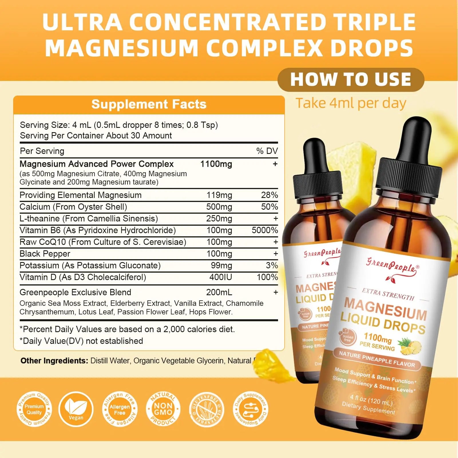 GREENPEOPLE 17-in-1 Triple Magnesium Complex Supplement,Magnesio Liquid Drops with Magnesium Glycinate & Citrate,Pineapple Flavor,Calm Mood,Muscle & Sleep for Adults,4 fl. oz 2Pack GREENPEOPLE Au supplements