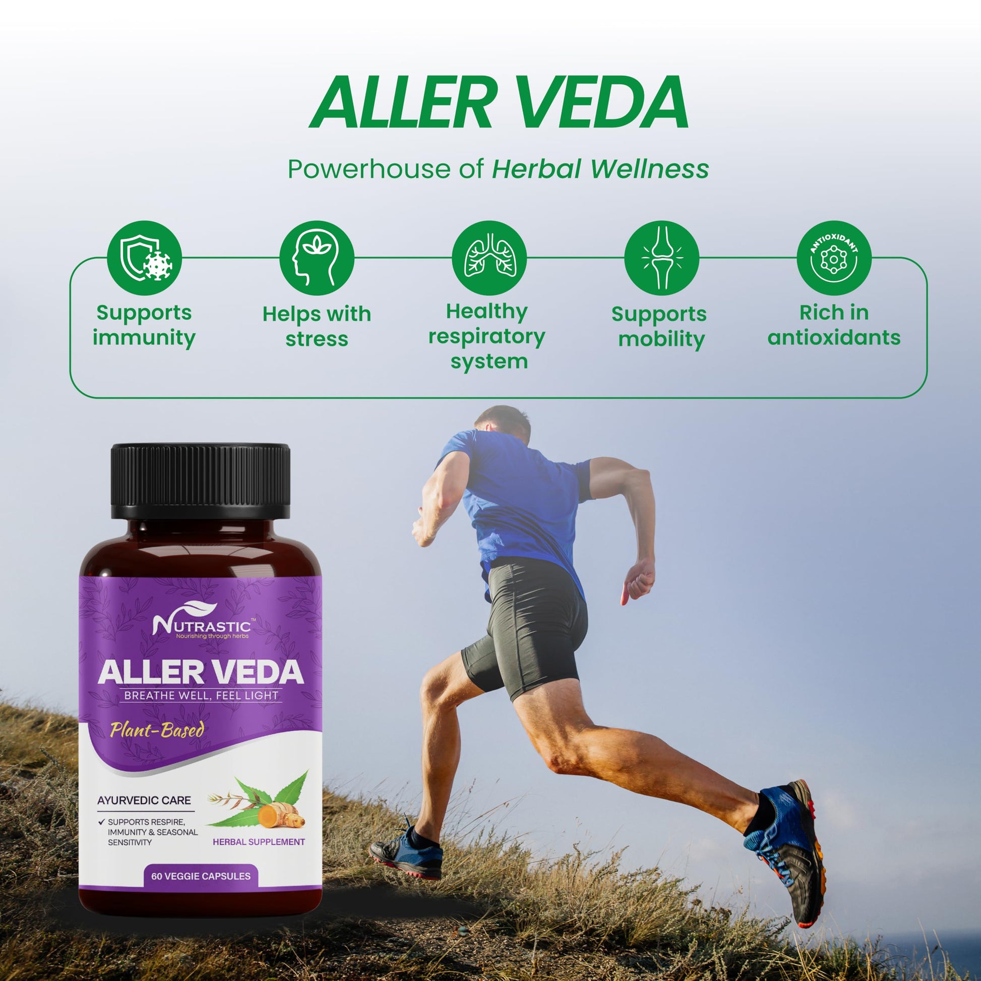 Nutrastic Aller Veda Respiratory Wellness Supplement with Pure Tulsi, Amla, Turmeric, and Neem | Natural Support for Healthy Breathing | 60 Caps Nutrastic Au supplements