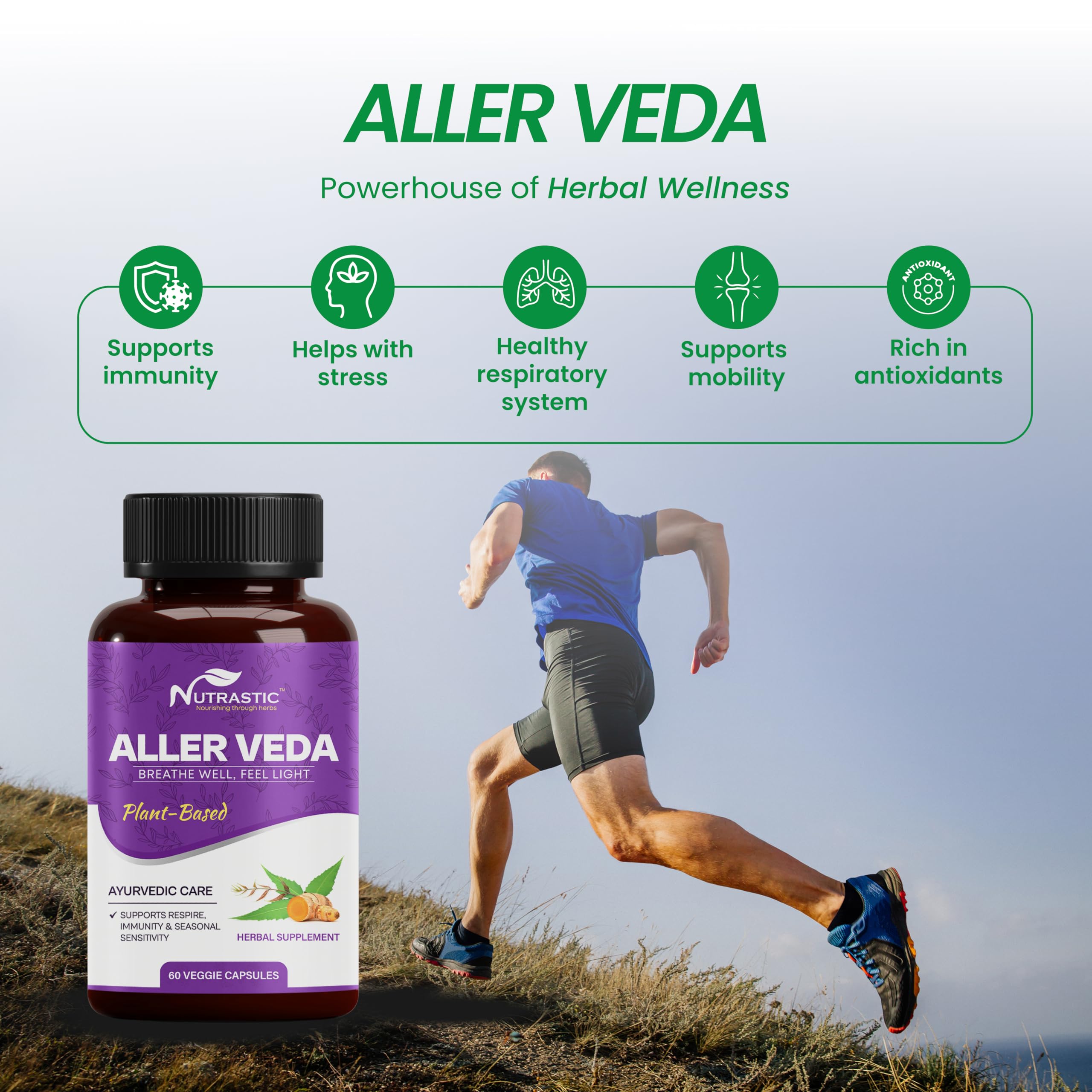 Nutrastic Aller Veda Respiratory Wellness Supplement with Pure Tulsi, Amla, Turmeric, and Neem | Natural Support for Healthy Breathing | 60 Caps Nutrastic Au supplements