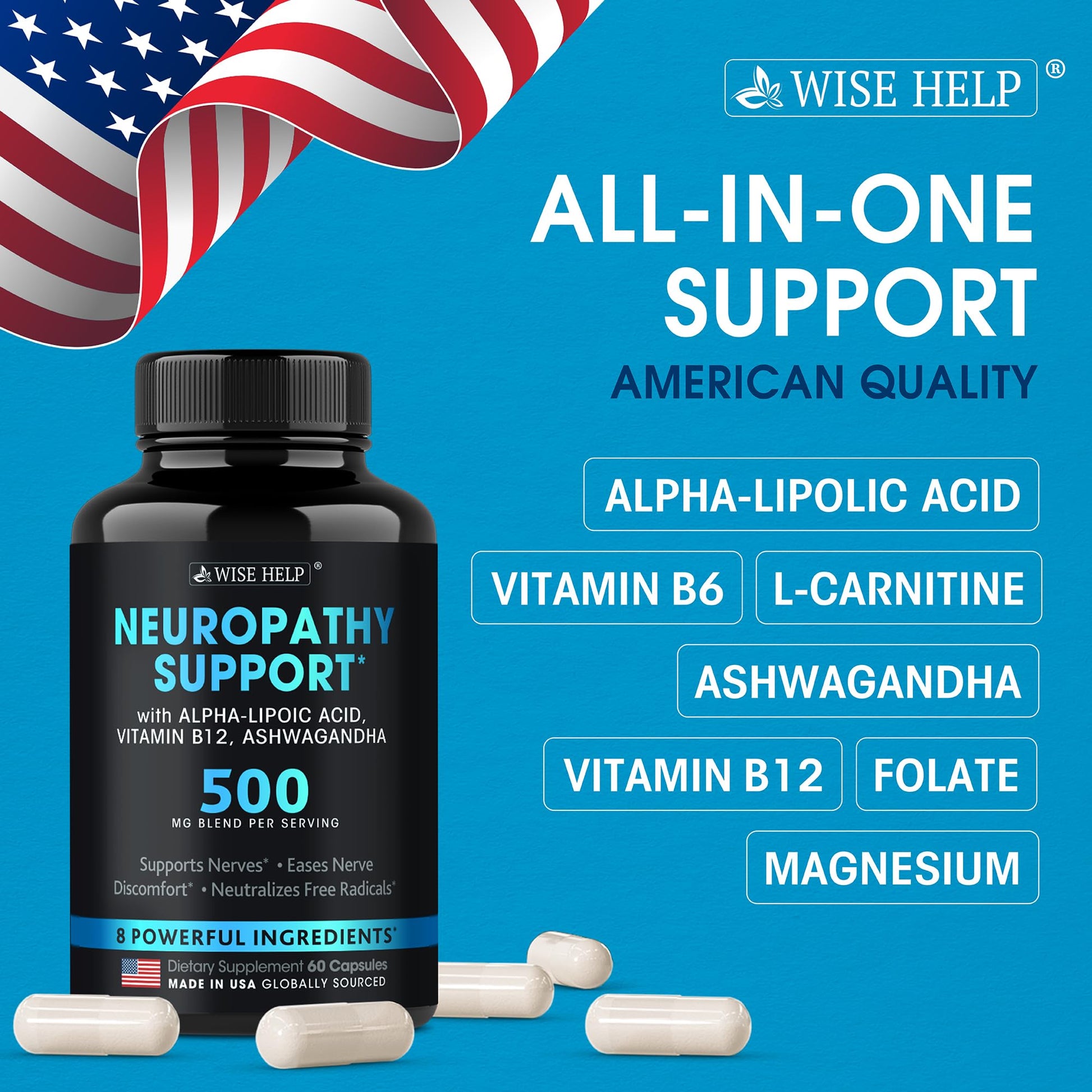 Neuropathy Support Natural Nerve Discomfort Relief - Made in USA - Nerve Antioxidant for Trigeminal Neuralgia, Diabetic & Peripheral Neuropathy - Hands, Neck, Feet & Toes Treatment Formula - 60 Caps WISEHELP Au supplements