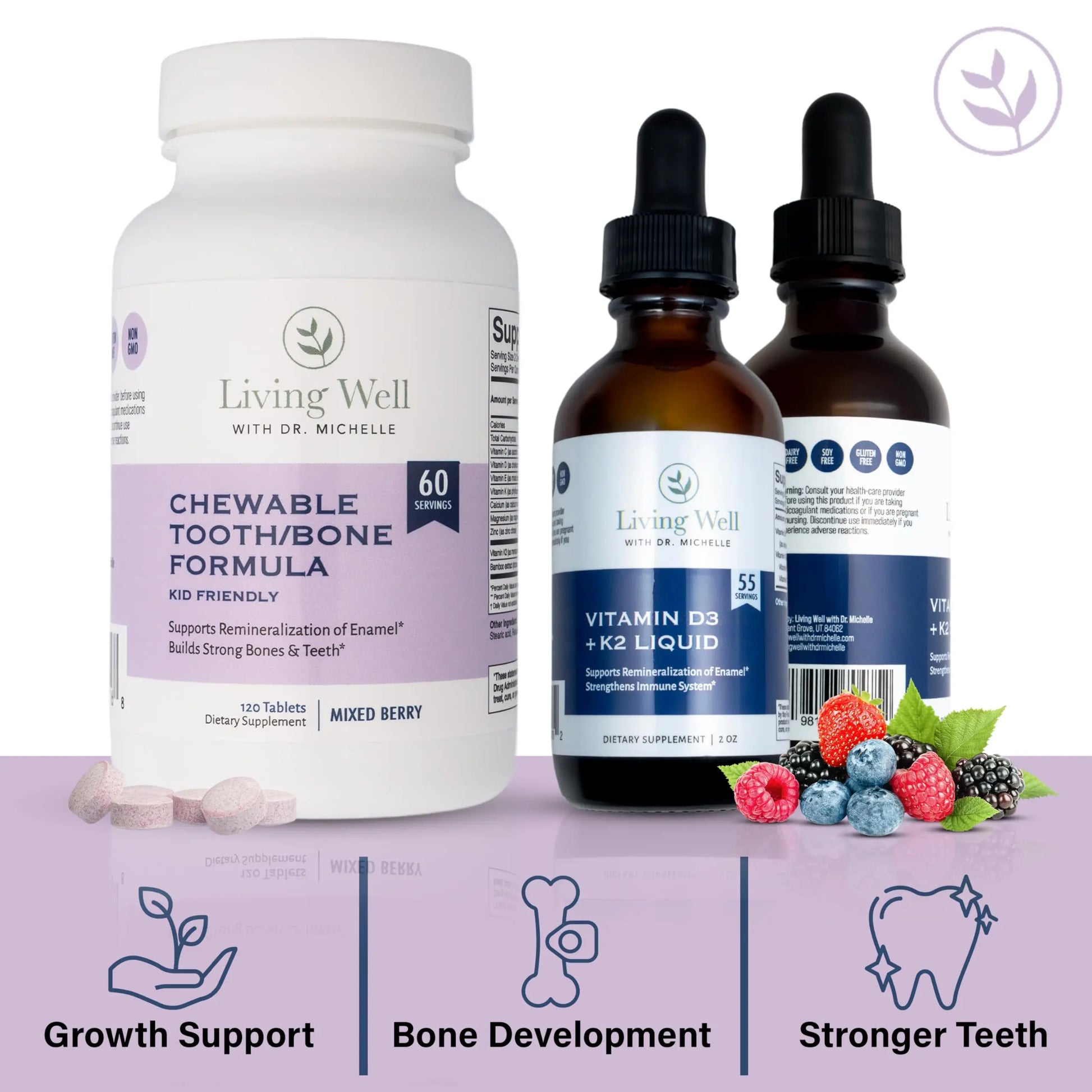 Kids Tooth & Bone Support Bundle | Chewable Calcium + D3 K2 & Liquid Vitamin D Supplement | Dentist-Developed | Strong Teeth, Enamel & Bone Health for Kids | Fluoride-Free, Non-GMO, Gluten-Free Living Well with Dr. Michelle Au supplements