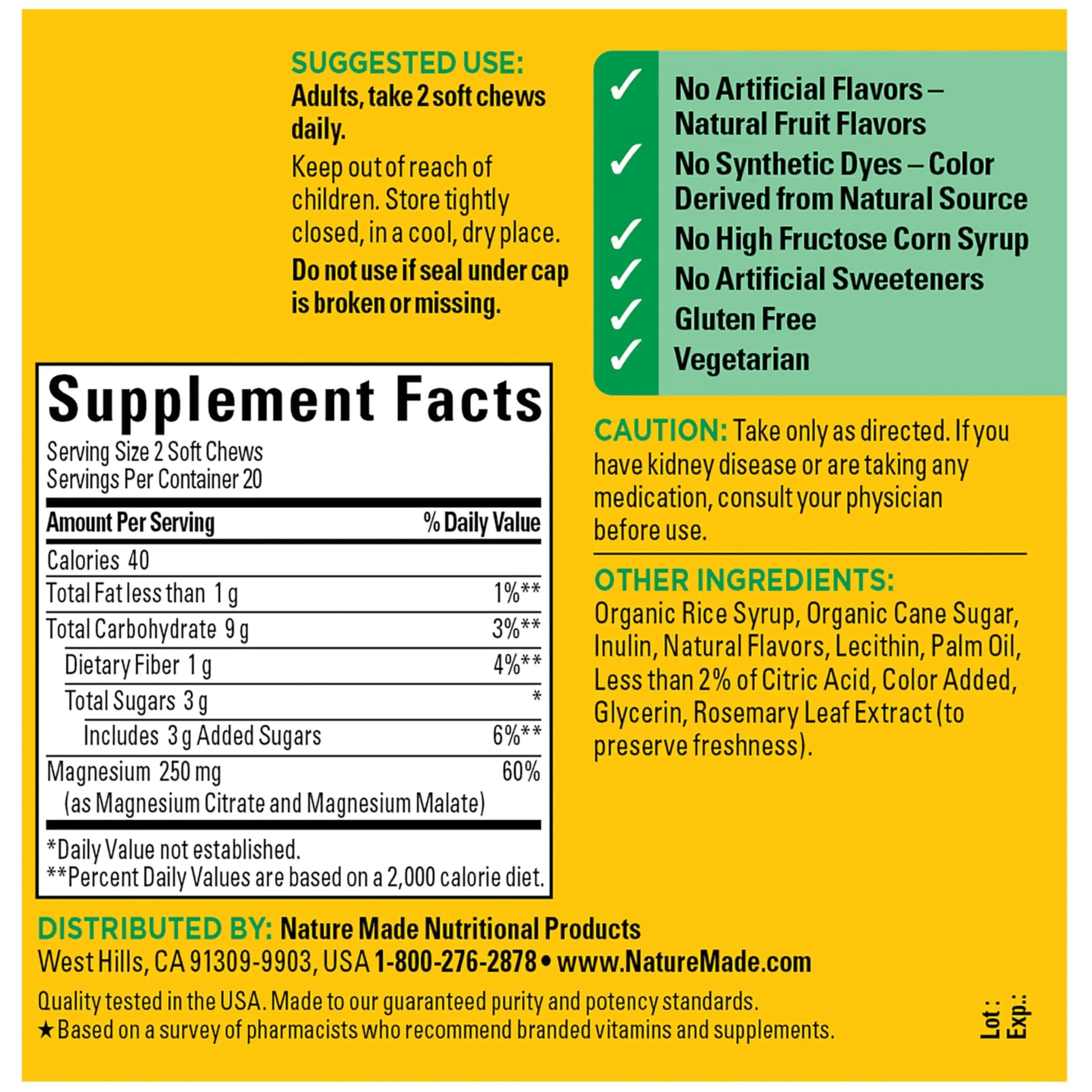 Nature Made High Absorption Magnesium Complex Soft Chews, Magnesium Supplement for Muscle, Heart, Bone Support, Magnesium Citrate & Malate Blend 250 mg per Serving, 40 Vegetarian Chews, 20 Day Supply Nature Made Au supplements