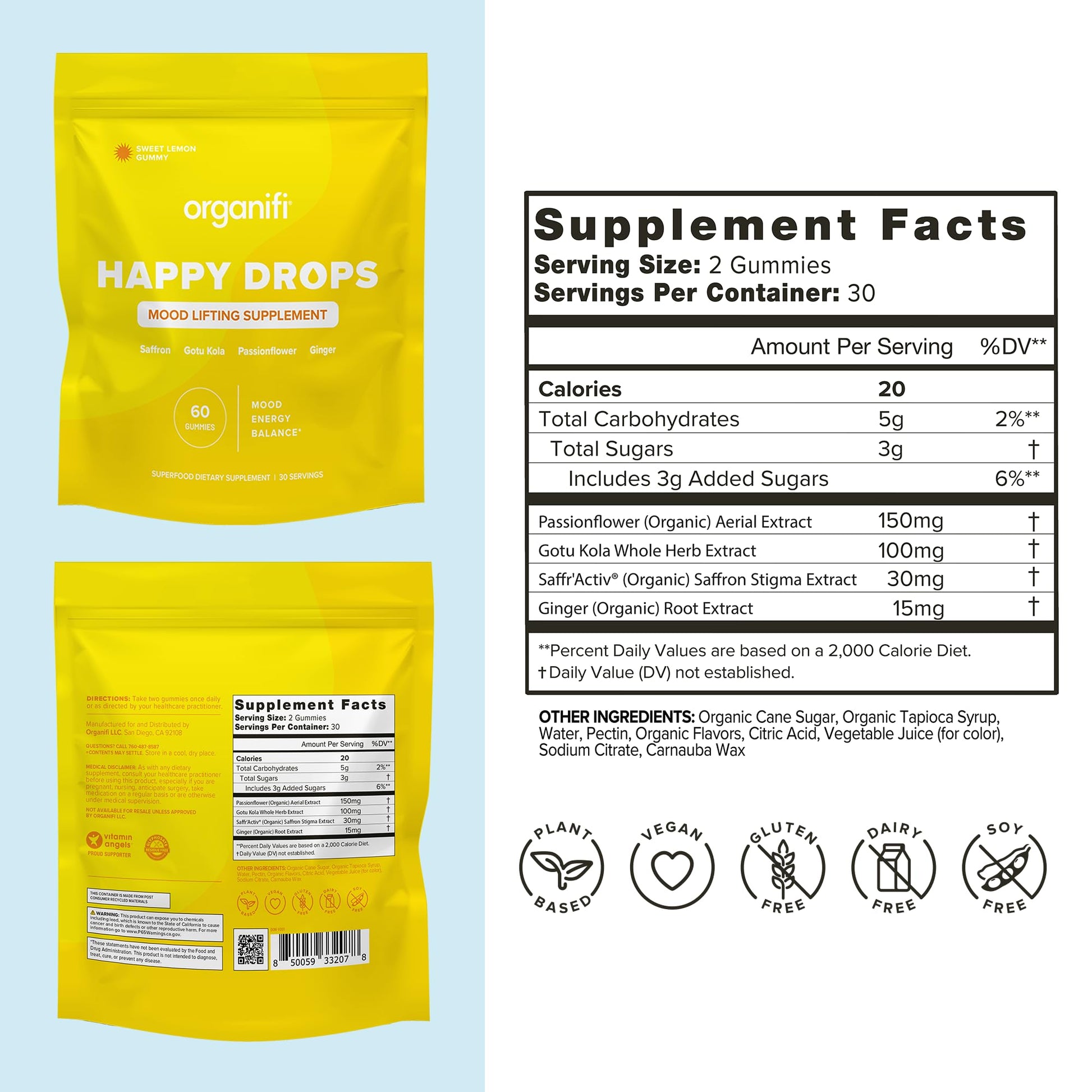 Organifi Happy Drops - Daily Superfood Happy Gummies for Adults - Mood Support Supplement for Balance, Bliss, Energy and Taking the Edge Off - Sweet Lemon Flavor - 60 Gummies Organifi Au supplements