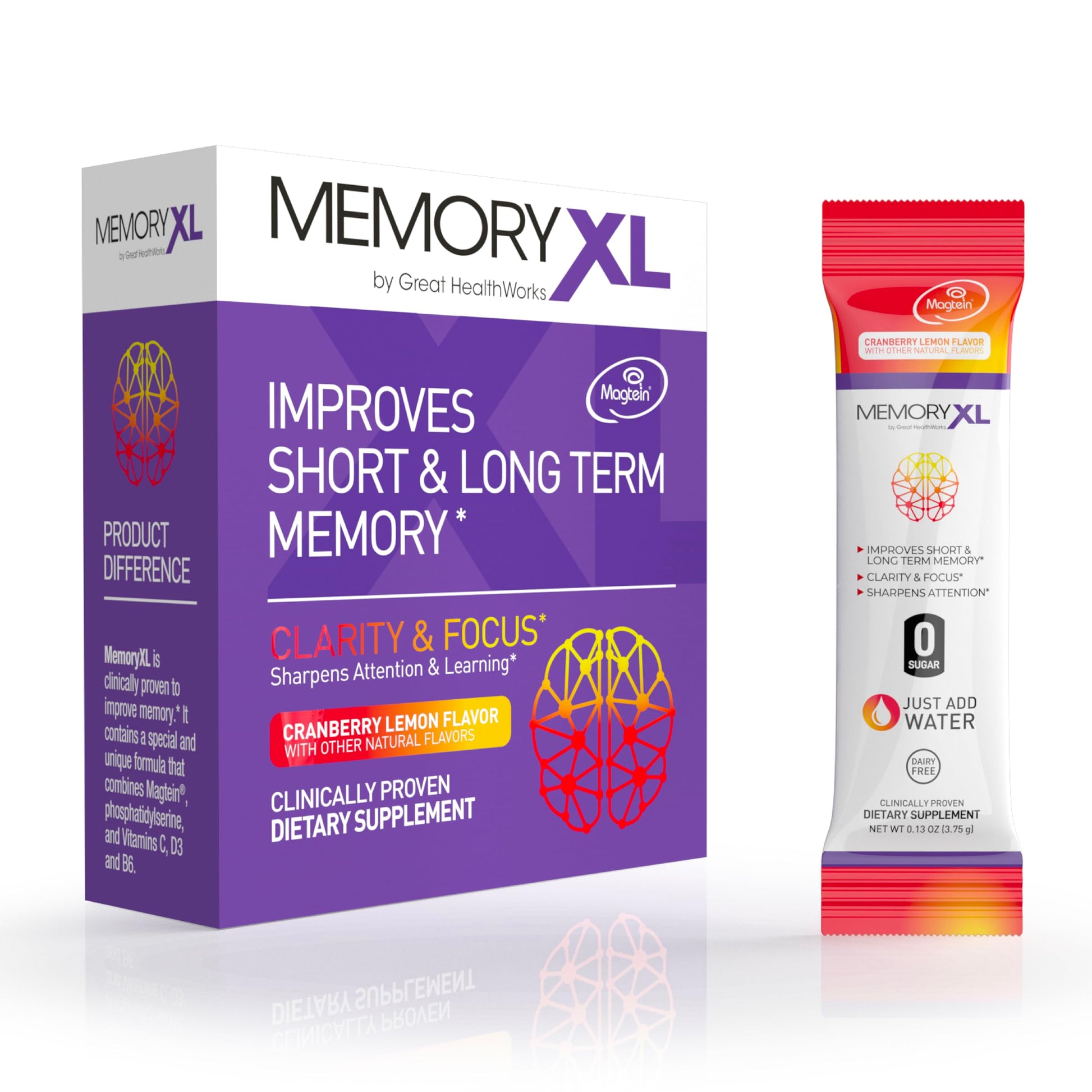 MemoryXL, Magnesium L-Threonate: Brain Supplement for Memory & Focus; Magtein®, Phosphatidylserine, Vitamin Mix. Improves Memory Focus Attention Learning & Logic. 0 Sugar, 0 cal, 30pk Cranberry Lemon OmegaXL Au supplements