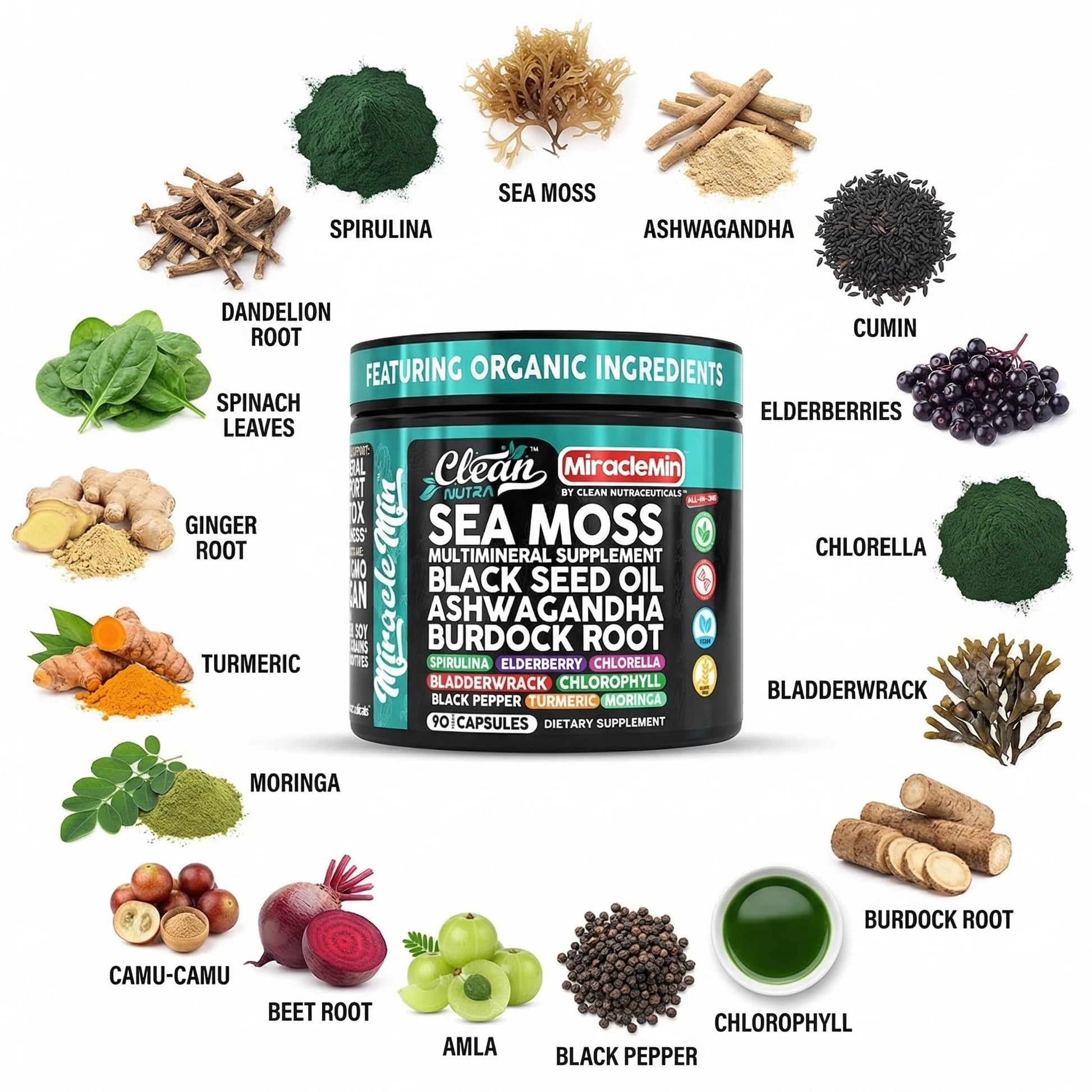 Clean Nutra Organic Sea Moss Capsules with Ashwagandha, Black Seed Oil, Burdock Root, Bladderwrack, Moringa, Chlorella, Spirulina, Turmeric, Elderberry, Amla – 90 Vegan Capsules – MiracleMin Clean Nutraceuticals Au supplements