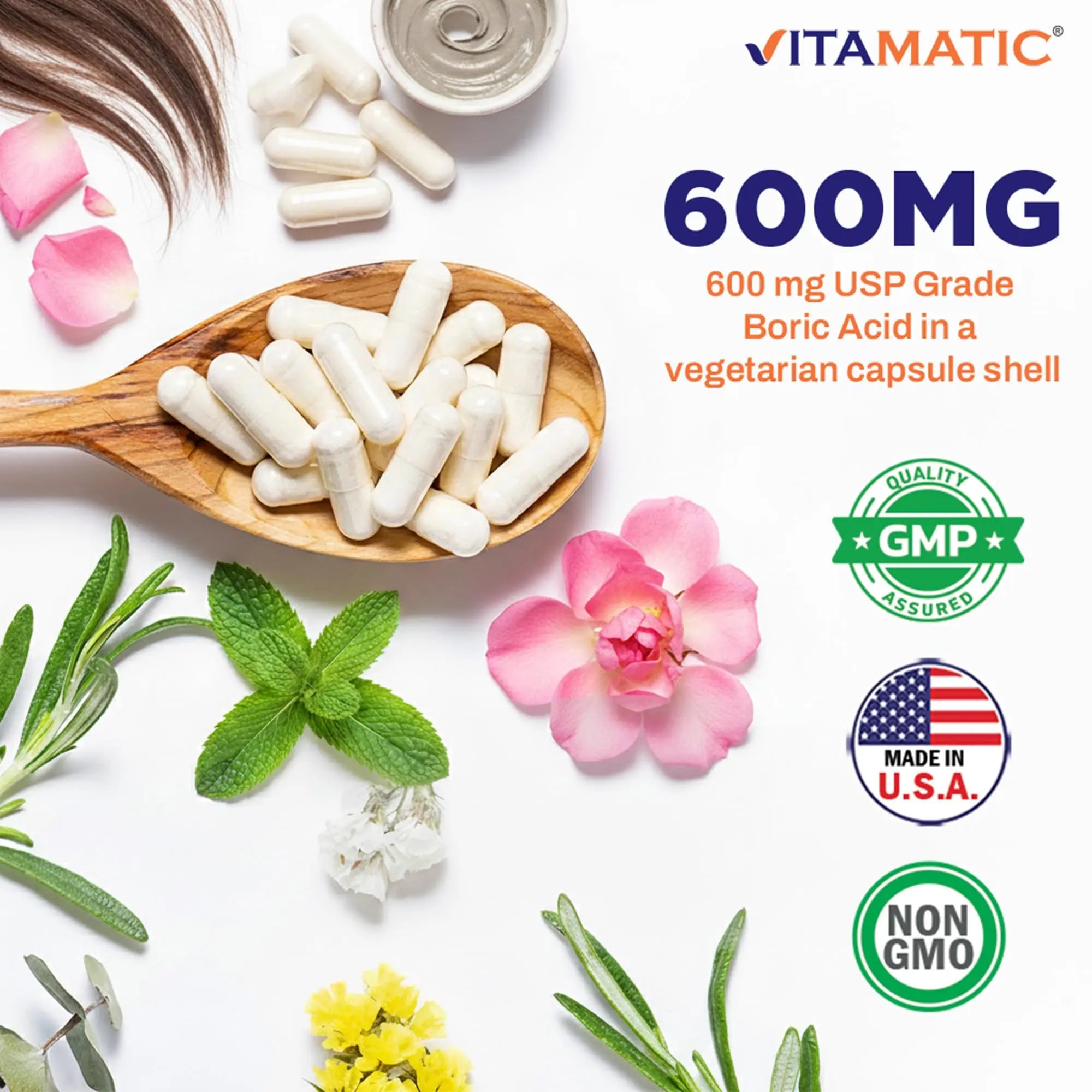 Vitamatic Boric Acid Vaginal Capsule Shell Suppositories 600 mg USP Grade Boric Acid in Vegetarian Capsule Shell - 60 Count Vitamatic Au supplements