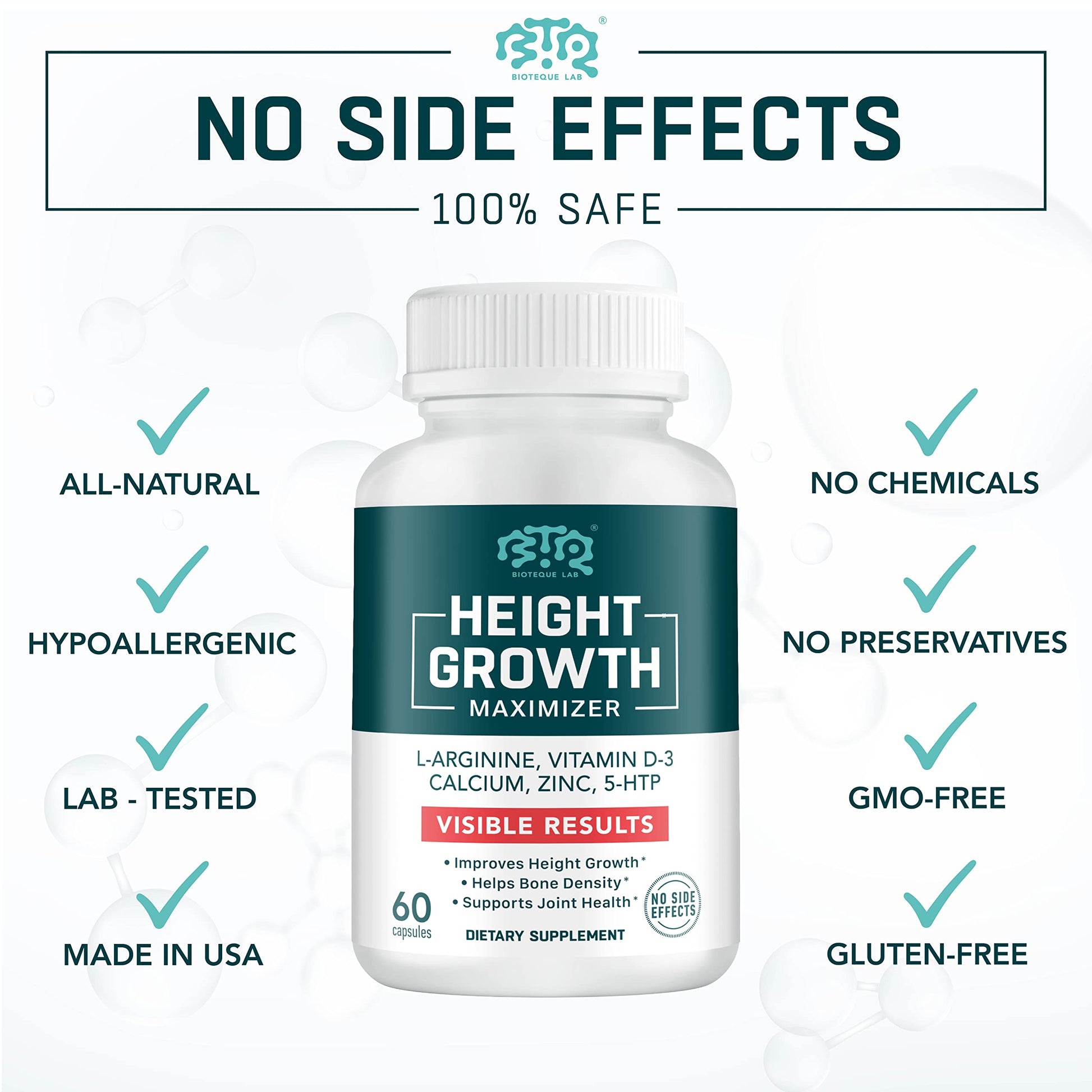 BIOTEQUELAB Height Growth Maximizer, Calcium, Vitamin D3 and Zinc Blend Pills, Bone Growth Supplement for Kids and Teens, Bone Strength, Density Support, GMO-Free, Gluten-Free, Made in USA, 60 Caps BTQ BIOTEQUE LAB Au supplements