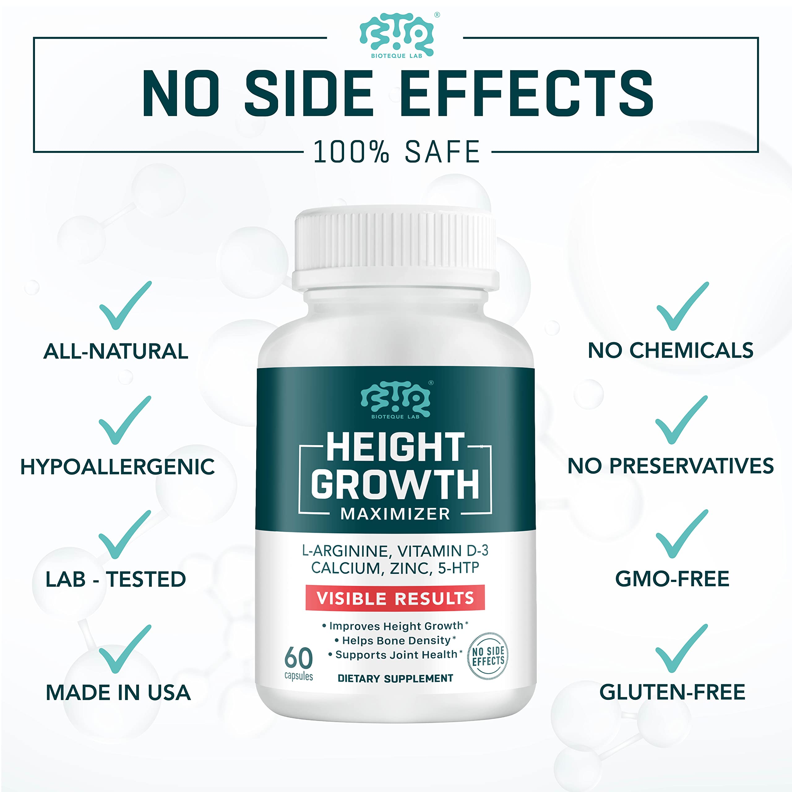 BIOTEQUELAB Height Growth Maximizer, Calcium, Vitamin D3 and Zinc Blend Pills, Bone Growth Supplement for Kids and Teens, Bone Strength, Density Support, GMO-Free, Gluten-Free, Made in USA, 60 Caps BTQ BIOTEQUE LAB Au supplements