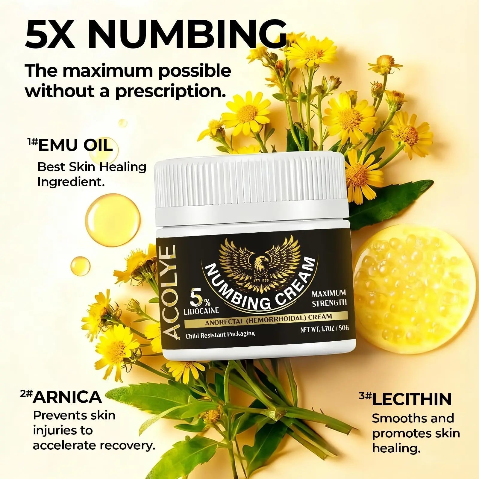 Acolye Numbing Cream Extra Strength: 5% Lidocaine Local Anesthetic- Long Lasting Extra Relief with Menthol Arnica and Emu Oil - Hemorrhoid Cream Acolye Au supplements