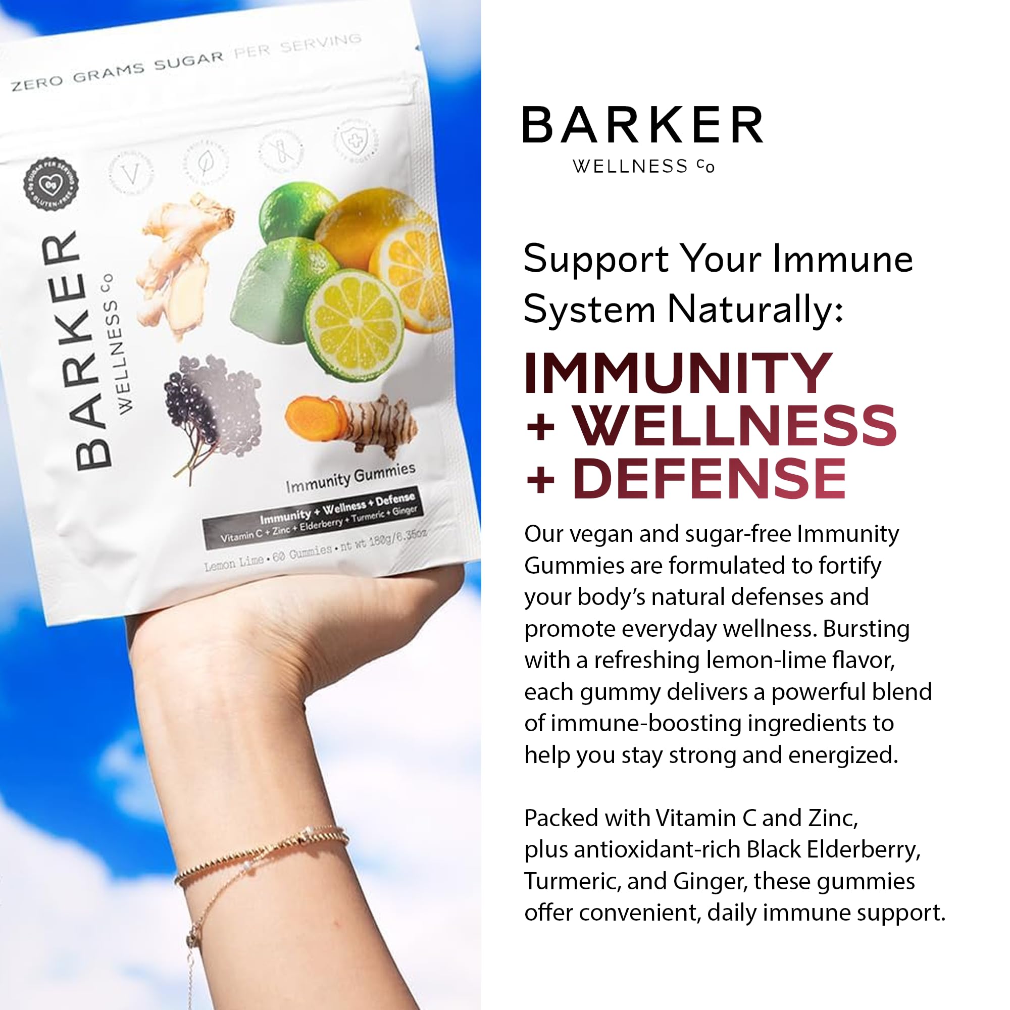 Barker Wellness Immunity Gummies with Vitamin C, Zinc, Elderberry, Turmeric & Ginger for Daily Immune Support | Vegan, Sugar-Free, Lemon-Lime Flavor | Seasonal Wellness Essentials, 60 Count Barker Wellness Co Au supplements