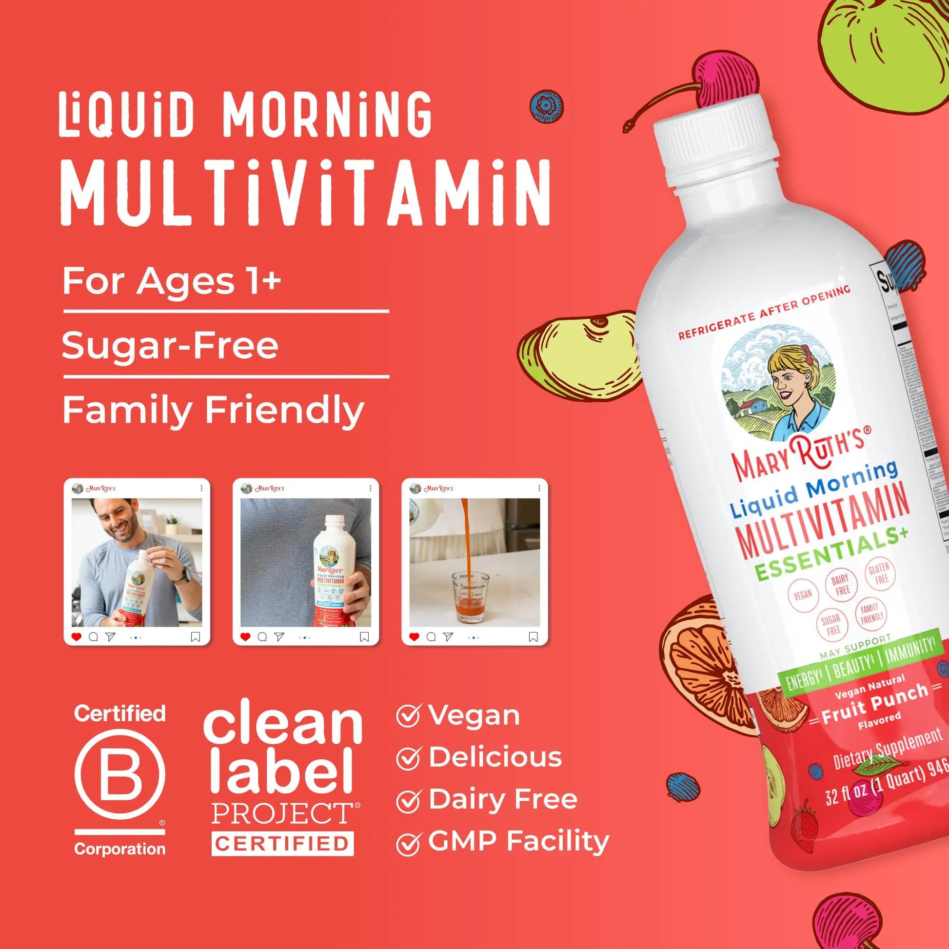 MaryRuth Organics Liquid Morning Multivitamin Essentials+ | Vitamin A C D E B6 B12 Biotin Zinc, Mens Womens Multivitamin, Immune Support, Beauty | Sugar Free | Vitamins for Ages 1+ | Vegan | 32 Fl Oz MARYRUTH'S Au supplements