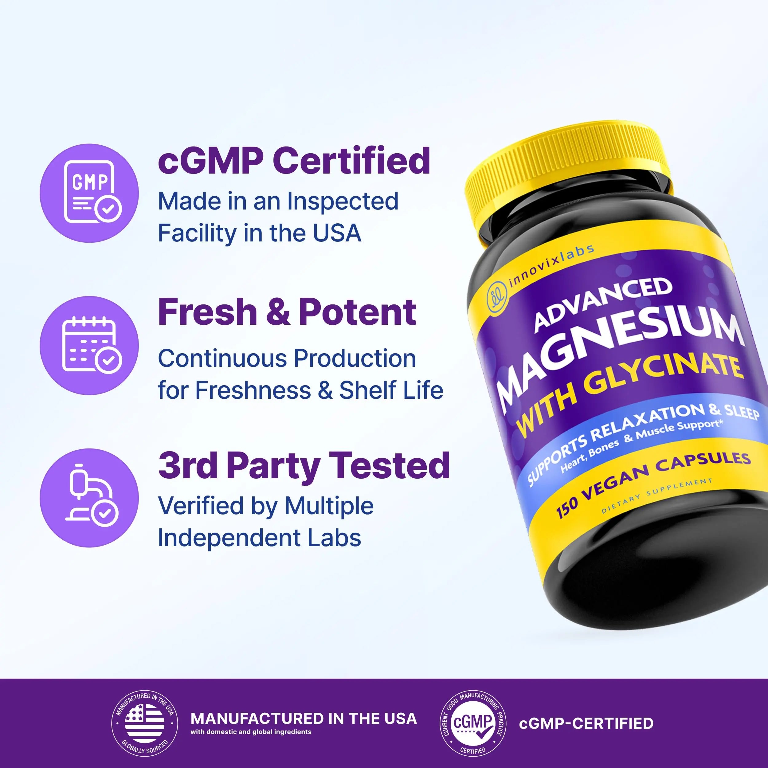 InnovixLabs Advanced Magnesium Capsules - 150 Ct, 210 mg - Chelated Glycinate and Malate - High Absorption, Promotes Relaxation, Bones, Muscle Health, Vegan Malate Sleep Supplement InnovixLabs Au supplements