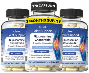 Clear Joint Support - 3-Month Supply | 3-Pack (270 Capsules) | Glucosamine Chondroitin MSM, Turmeric & Boswellia | Supports Knee, Hip & Back Health | Made in USA Clear Probiotics Au supplements