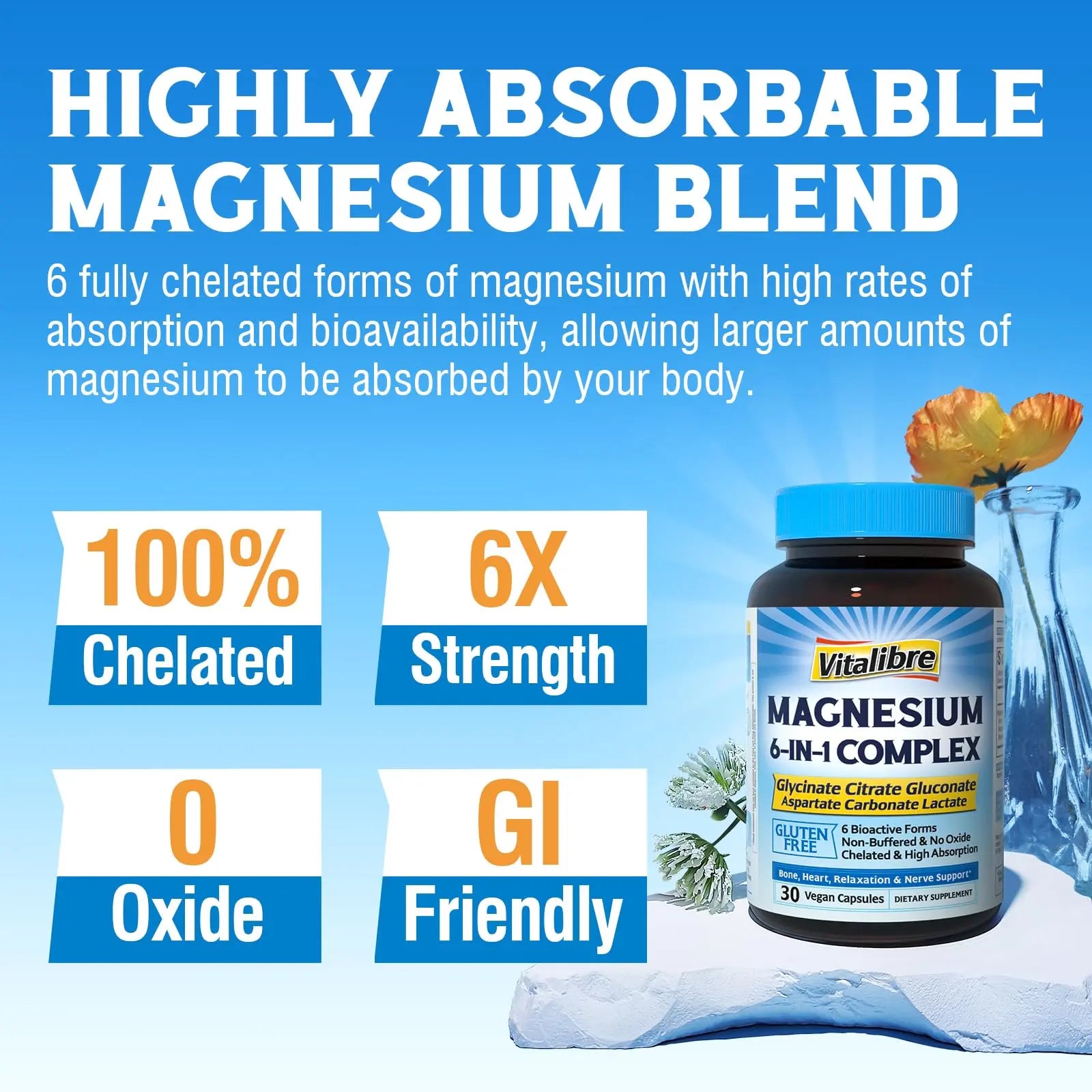 Vitalibre 6 in 1 Magnesium Complex for Women Men, 260mg Elemental Magnesium | Max Absorption | Chelated Magnesium Supplement for Bone, Relaxation & Nerves Support | Non-GMO, 120 Vegan Capsules Vitalibre Au supplements