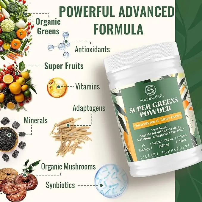 Super Greens Powder Superfood + Electrolytes & Tonic Herbs | Organic Greens, Shilajit, Adaptogens, Antioxidants, Preobiotic & Probiotic & Postbiotic| for Energy, Gut & Immune| Unflavored - 30 Servings Sundhedsliv Au supplements