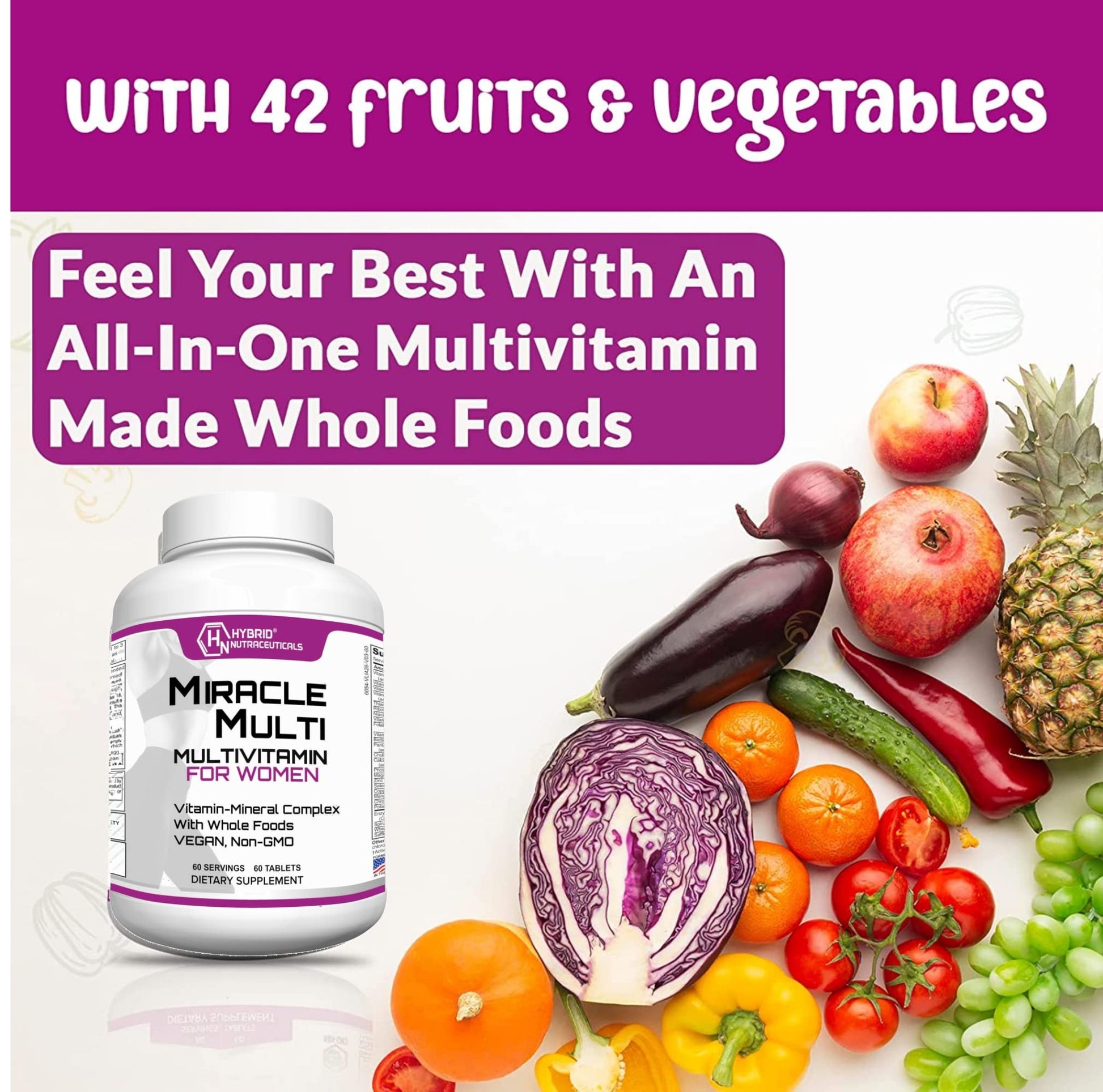 Hybrid Nutraceuticals MiracleMulti Women Multivitamin with Probiotics, Biotin, Folic Acid, Enzymes + Fruit & Vegetable Blend - Immune Support, Heart Health, Energy: 60 Servings (Non-GMO) Hybrid Nutraceuticals Au supplements
