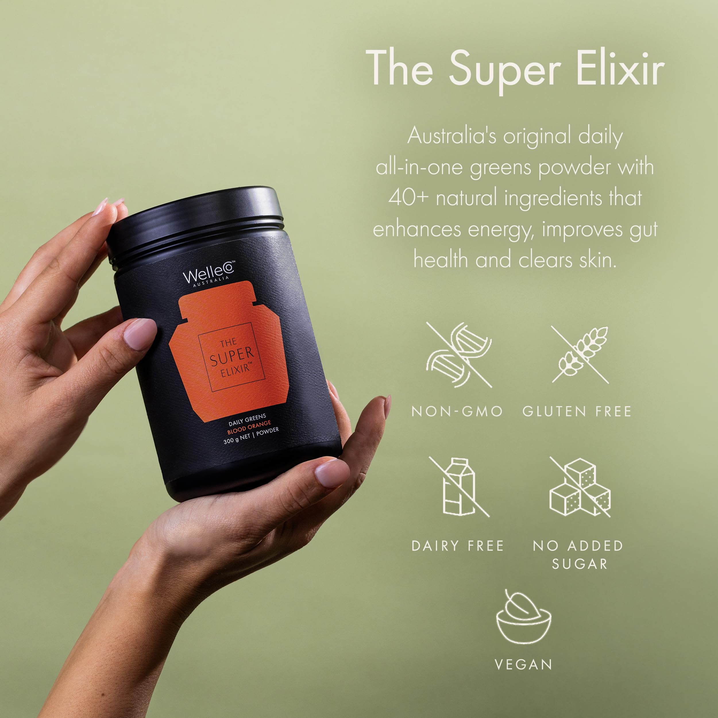 WelleCo The Super Elixir Daily Greens Powder, Probiotic Drink Mix with Whole Foods, Gluten Free, Vegan Gut Health Powder, Energy, Immunity, Healthy Skin, Hair & Nails (Jar, Blood Orange) WelleCo Au supplements