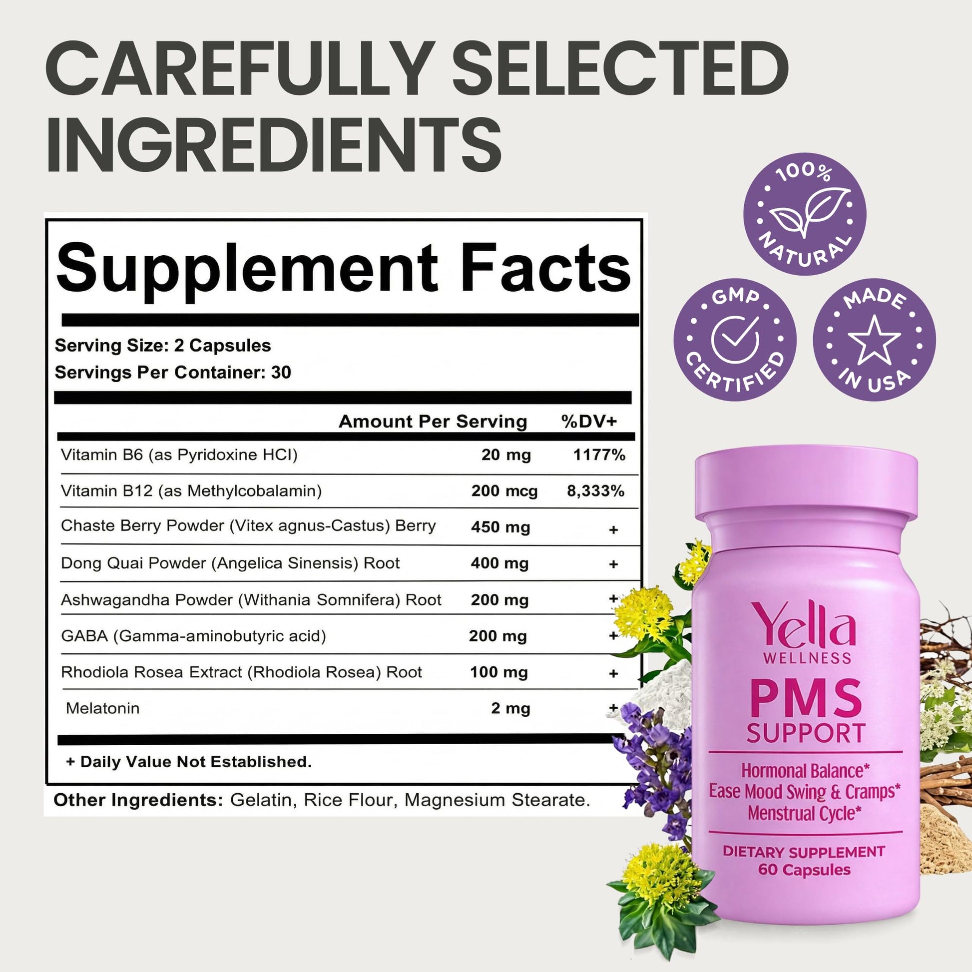 YELLA WELLNESS Hormone Balance for Women - PMS Support Supplement for Women w/Chaste Tree, Dong Quai and Ashwagandha- PMS and Menopause Relief for Bloating, Cramps and Mood Swings- (60ct) YELLA WELLNESS Au supplements