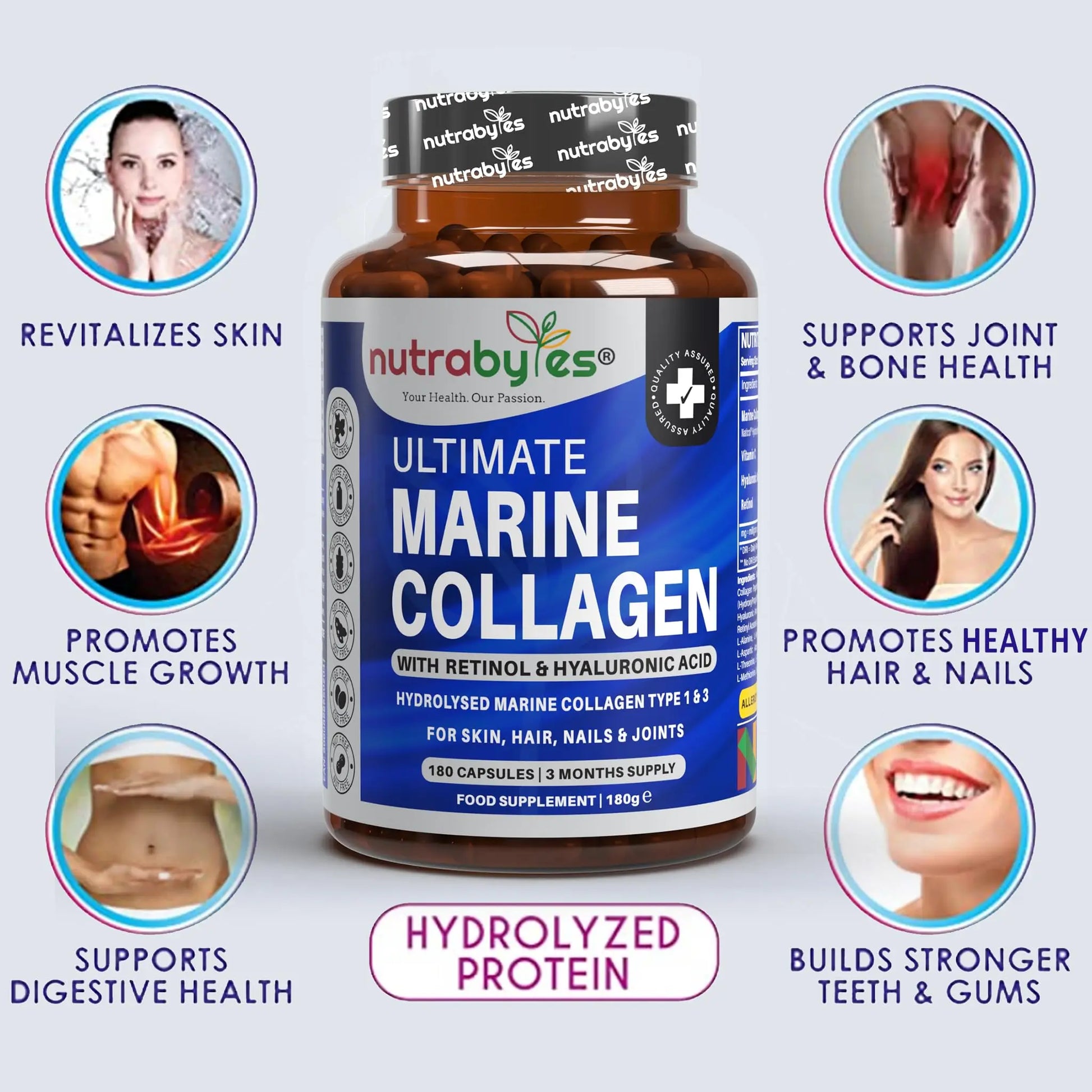 High Strength Marine Collagen with Hyaluronic Acid, Retinol and Vitamin C | 180 Capsules - 3 Months Supply NUTRABYTES Au supplements
