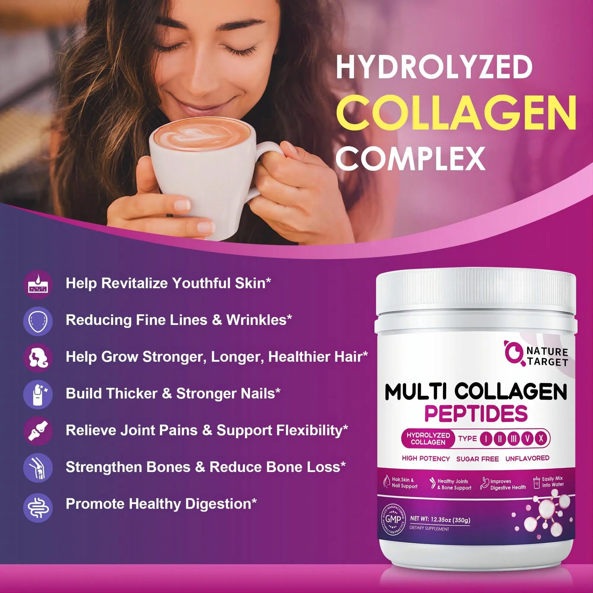 NATURE TARGET Multi Collagen Peptides Powder - Type I, II, III, V, X - Hydrolyzed Collagen Peptides with Vitamin C Hyaluronic Acid, Supports Skin Hair Nail & Joint NATURE TARGET Au supplements