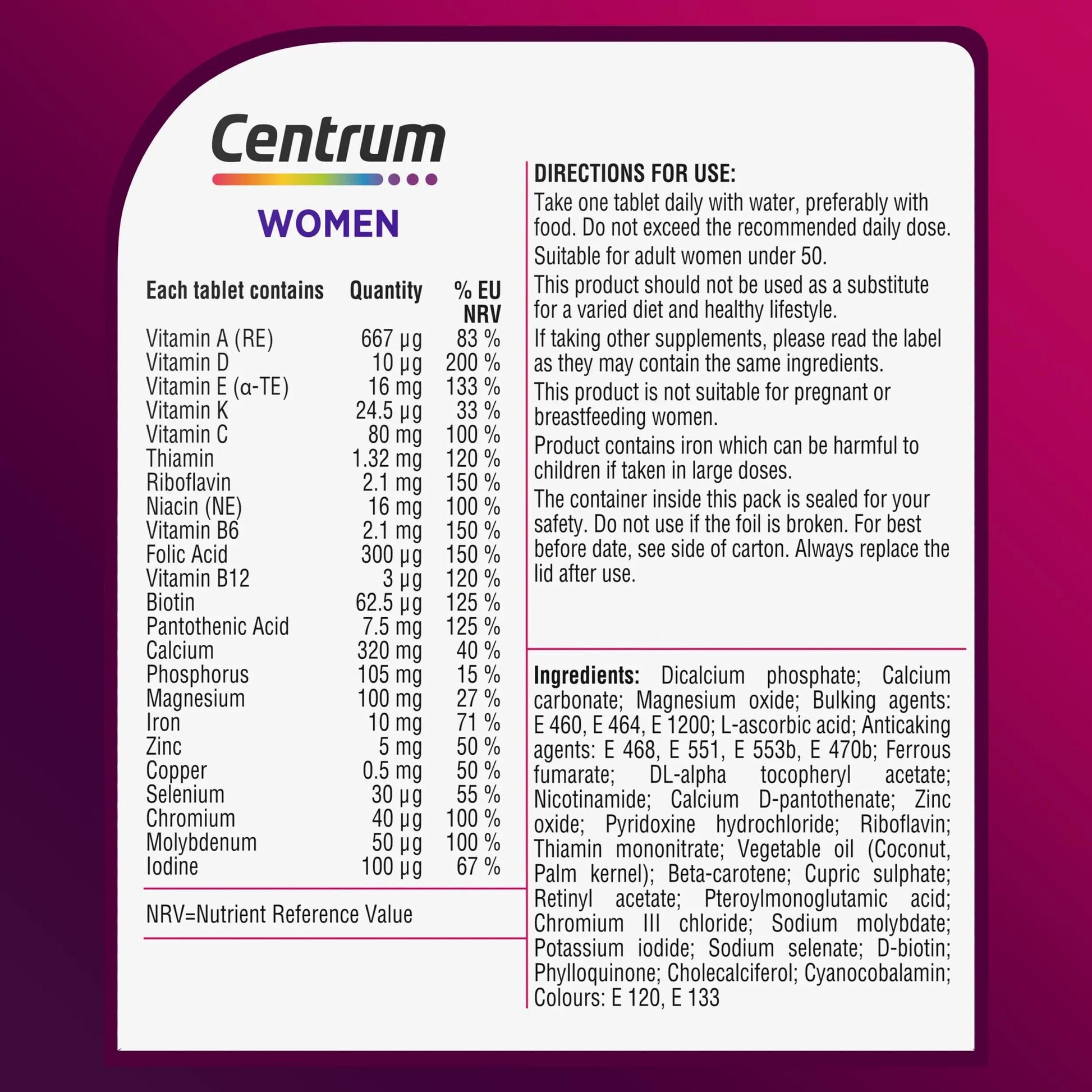 Centrum Women Tablets Multivitamin & Mineral Supplements, with 23 essential nutrients Centrum Au supplements