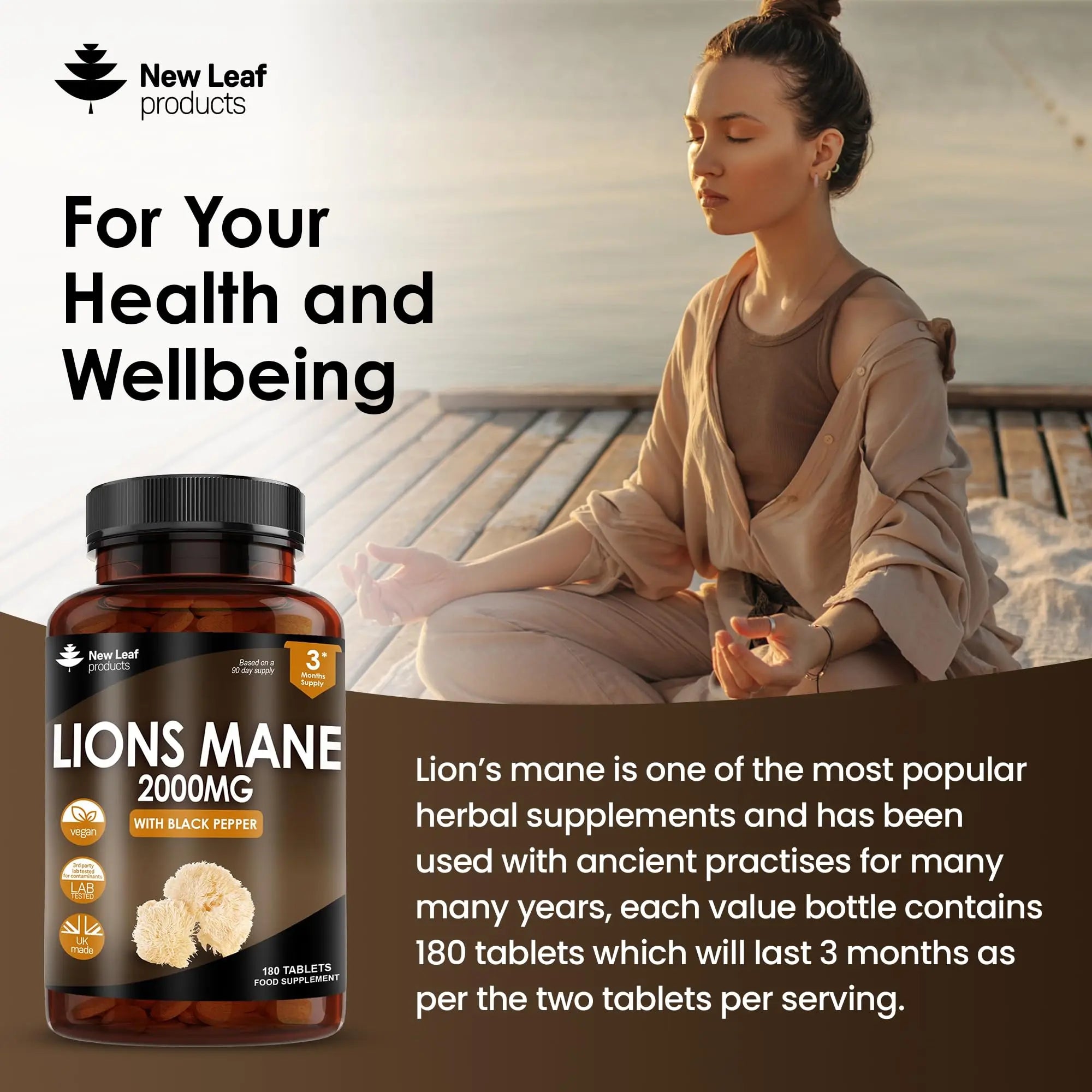 Lions Mane Mushroom Extract Supplement 2000mg - 180 High Strength Vegan Tablets NEW LEAF PRODUCTS Au supplements