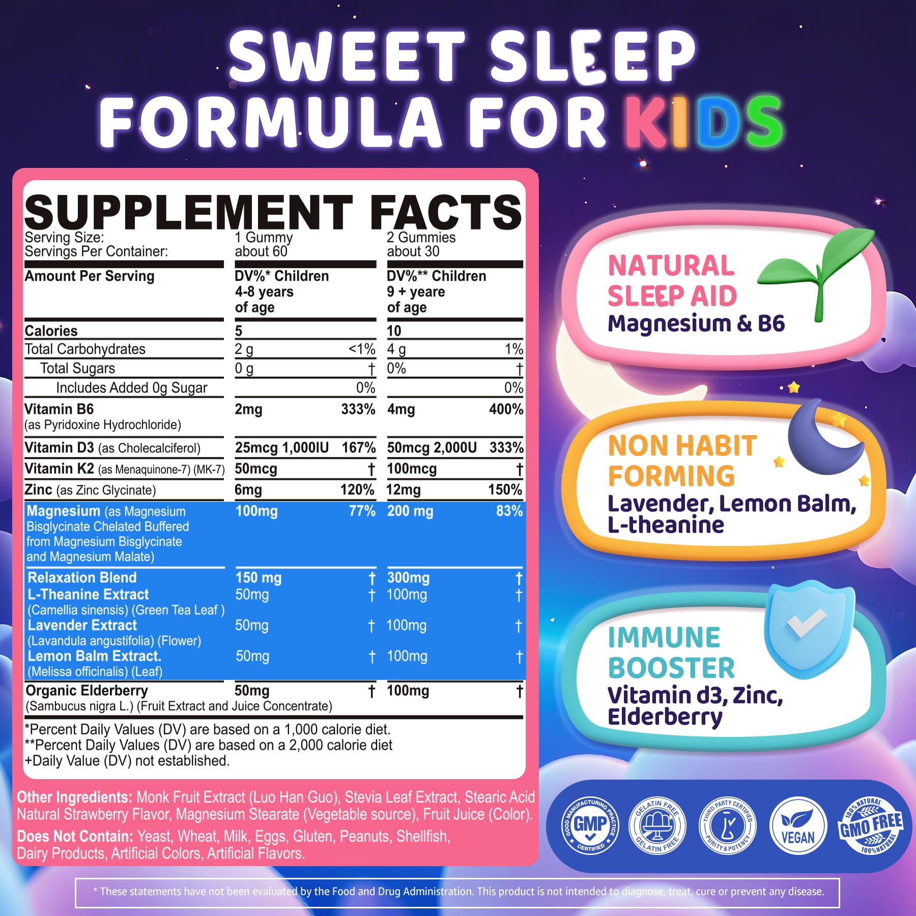 Kids Sleep Gummies, NO Melatonin Sleep Aid Gummies w/ Magnesium Glycinate, Magnesium Malate, L-Theanine, Lavender, B6, Zinc, D3K2 for Restful Sleep, Relax Brain & Muscle, Immune Support, Non-GMO 1Pack ELLAMENTZ Au supplements