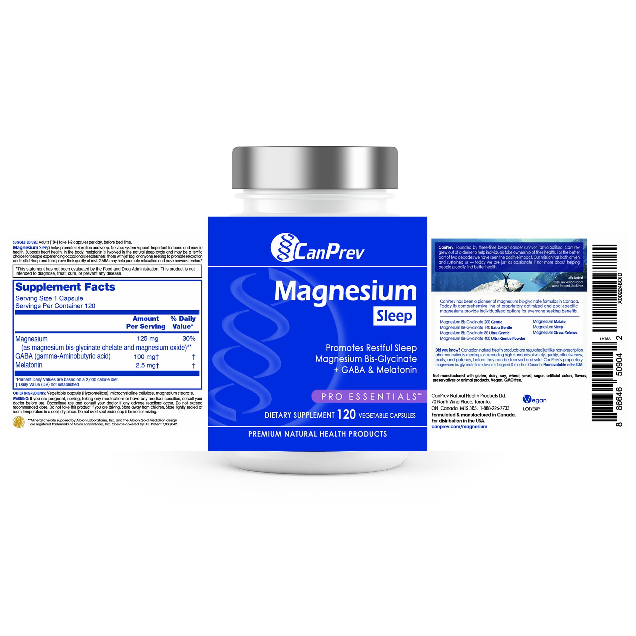 CanPrev Magnesium Bisglycinate Chelated + GABA & Melatonin, 120 Veg Caps, 120-Day Supply, Support Restful Night, Muscle Function, Promote Relaxation & Balanced Sleep-Wake Cycle, Vegan, No GMO & Gluten CanPrev Au supplements