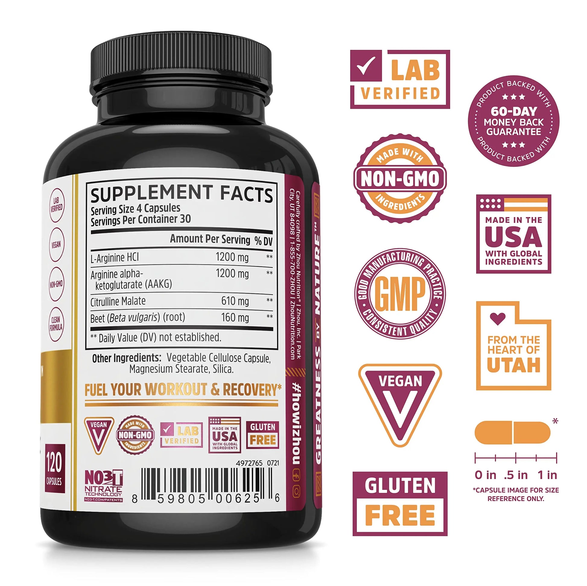 Zhou Nitric Oxide with L Arginine, Citrulline Malate, AAKG and Beet Root | Powerful N.O. Zhou Nutrition Au supplements