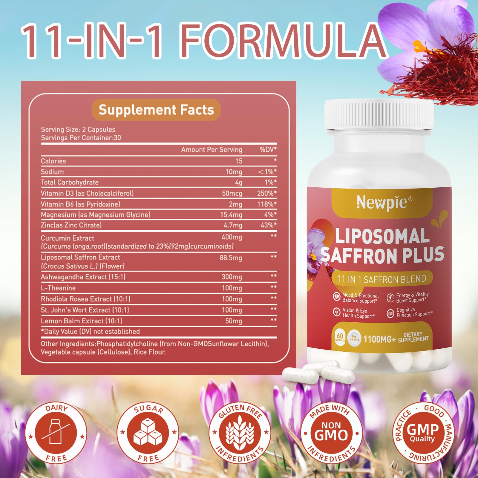 Newpie Saffron Supplements - 100% Pure Saffron Extract Capsules - Natural Mood Enhancer, Supports Eye & Heart Health, Boosts Energy - Premium Supplement for Women & Men（60 Servings (2) Newpie Au supplements