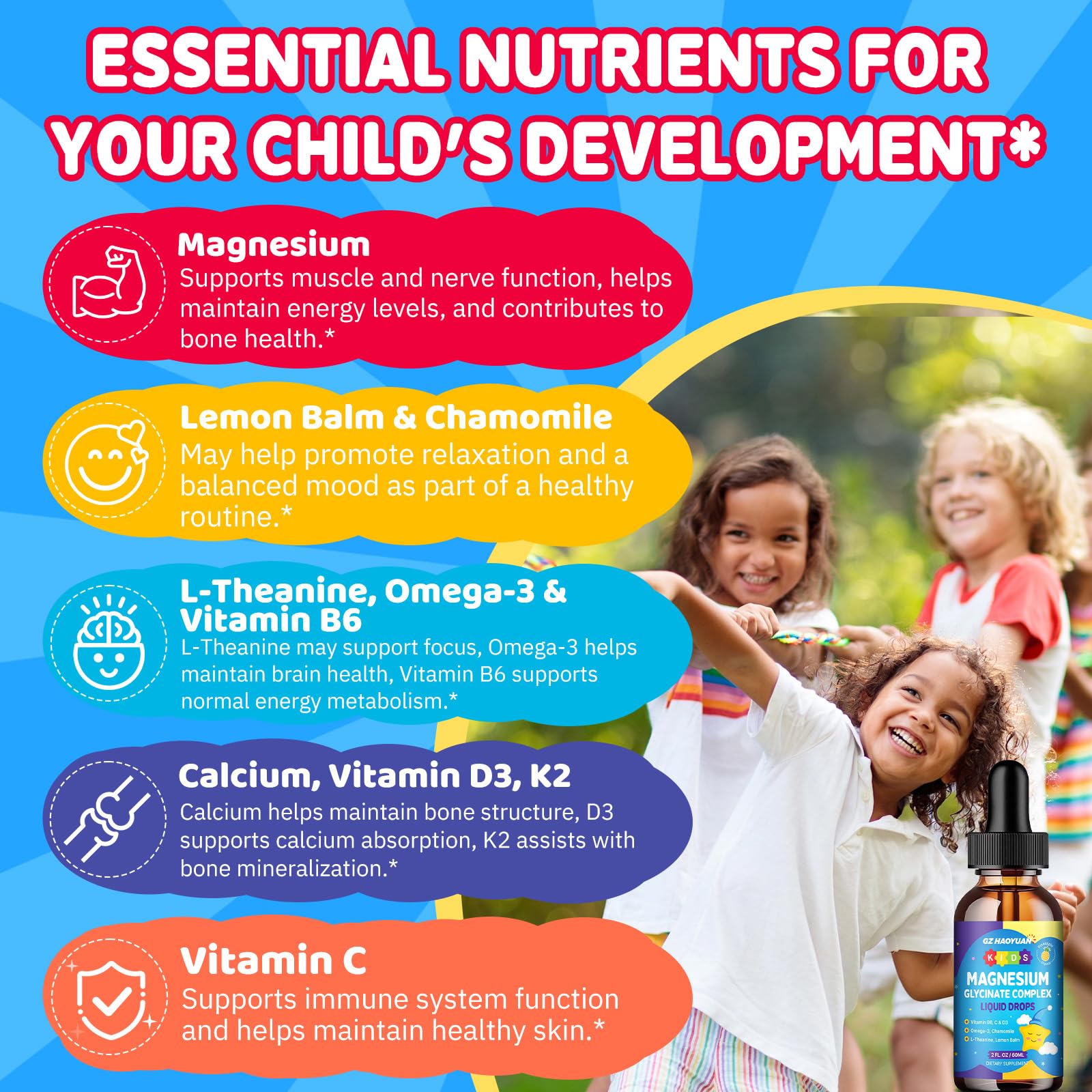 Kids Magnesium Glycinate Liquid Drops‌ – with L-Theanine, Omega-3, Vitamins B6 & D3, Zinc & Calcium – for Sleep Support, Relaxation, Focus & Brain, Bones – Strawberry Flavor, 2 Fl Oz GZ HAOYUAN Au supplements