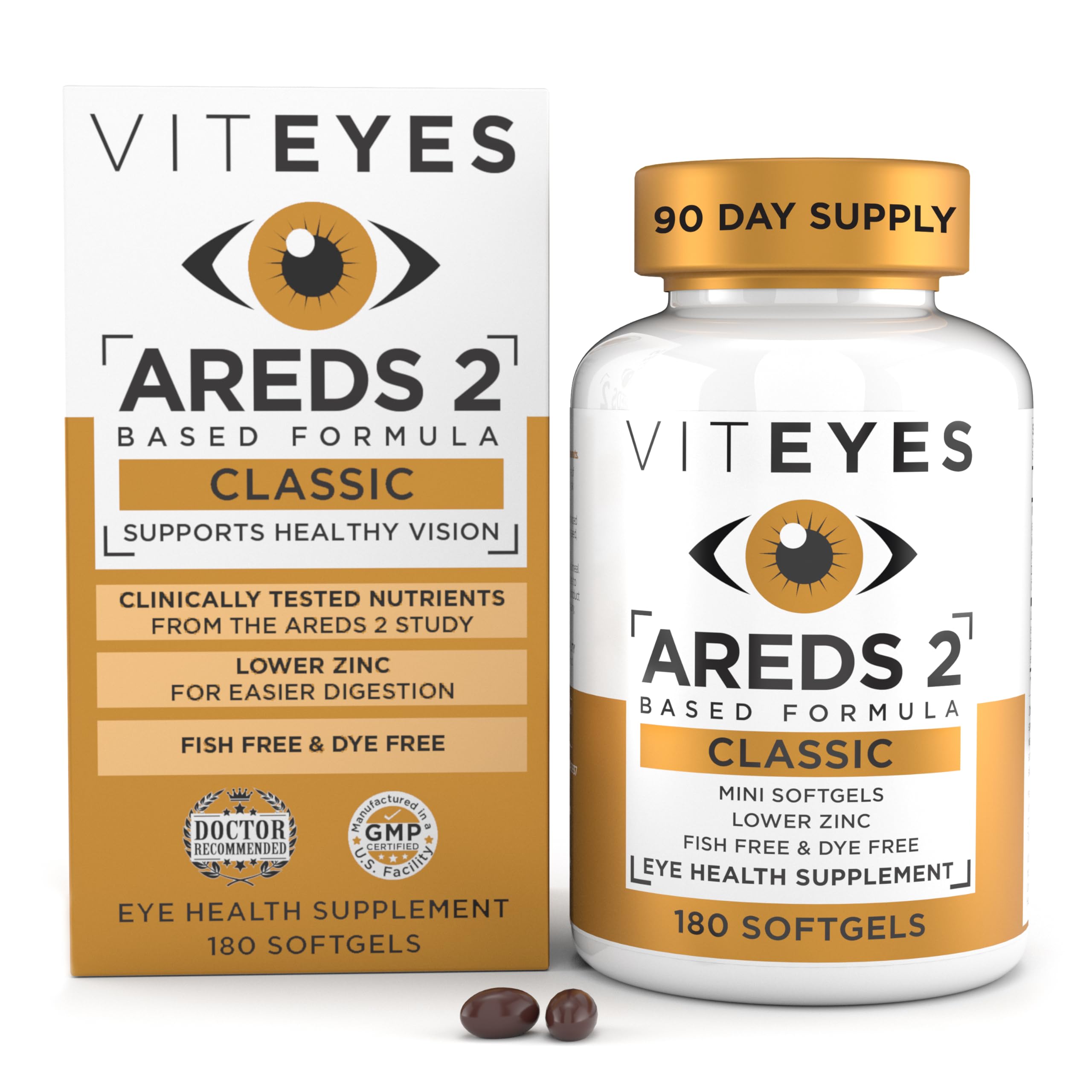 Viteyes AREDS 2 Classic Macular Health Formula Softgels, Eye Health Vitamin to Support Macular Health, Lower Zinc, Eye Vitamins, Macular Vitamins, Beta-Carotene Free, 180 Softgels Viteyes Au supplements