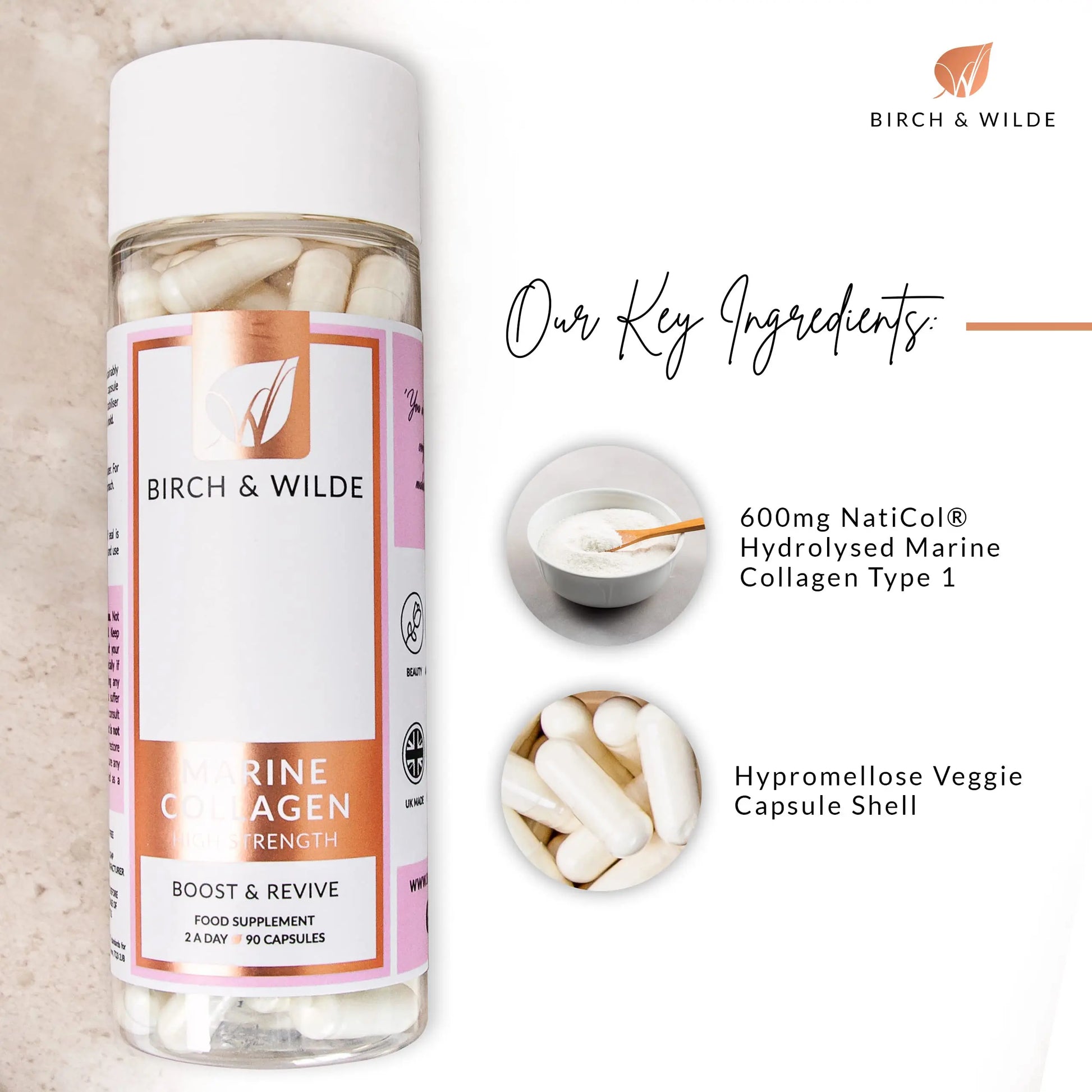 Marine Collagen Peptides Capsules - Hydrolyzed Collagen Supplements for Women & Men - High Strength Capsules Formula BIRCH & WILDE Au supplements
