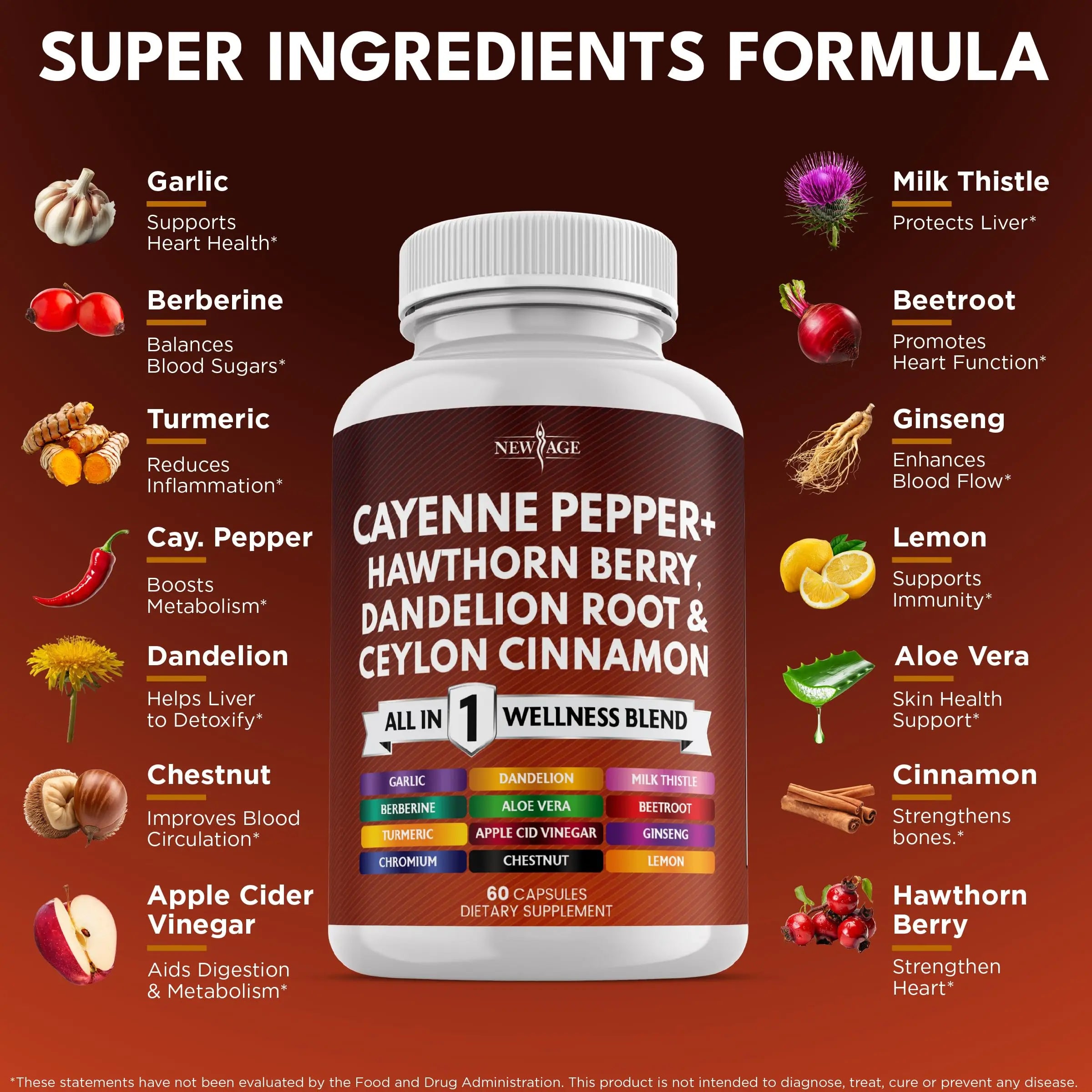 NEW AGE Cayenne Pepper Capsules Supplement with Hawthorn Berry, Dandelion Root, Ceylon Cinnamon, Garlic, Ginger, ACV, Milk Thistle, Beet Root, Aloe Vera - 120 Count NEW AGE Au supplements