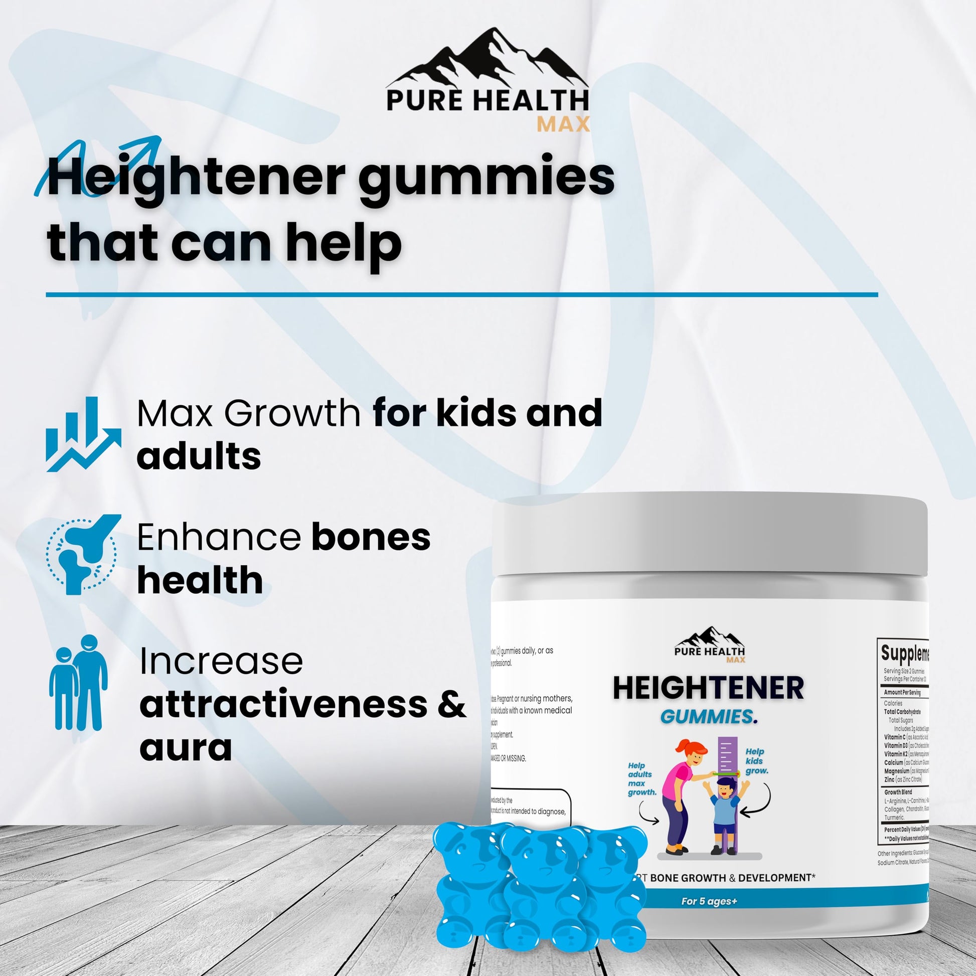 Heightener Gummies - Natural Height Growth Supplement for Kids, Teens and Adults to Increase Bone Strength and Grow Tall | Height Maximizer Pills with L-Arginine, Calcium & Zinc | 60 Gummy PURE HEALTH MAX Au supplements