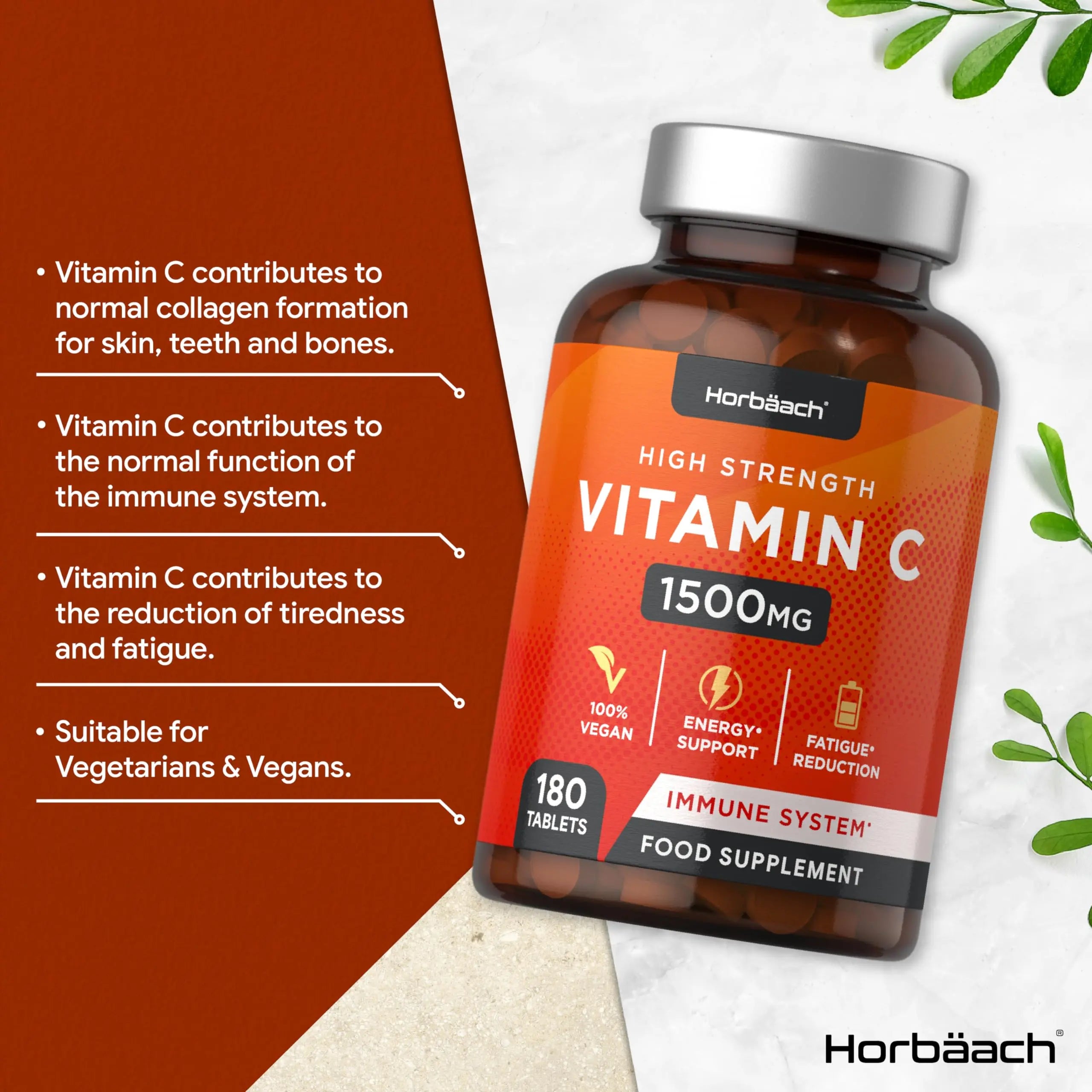 Vitamin C Tablets 1500mg | 180 Count | High Strength Vegan Supplement | No Artificial Horbäach Au supplements