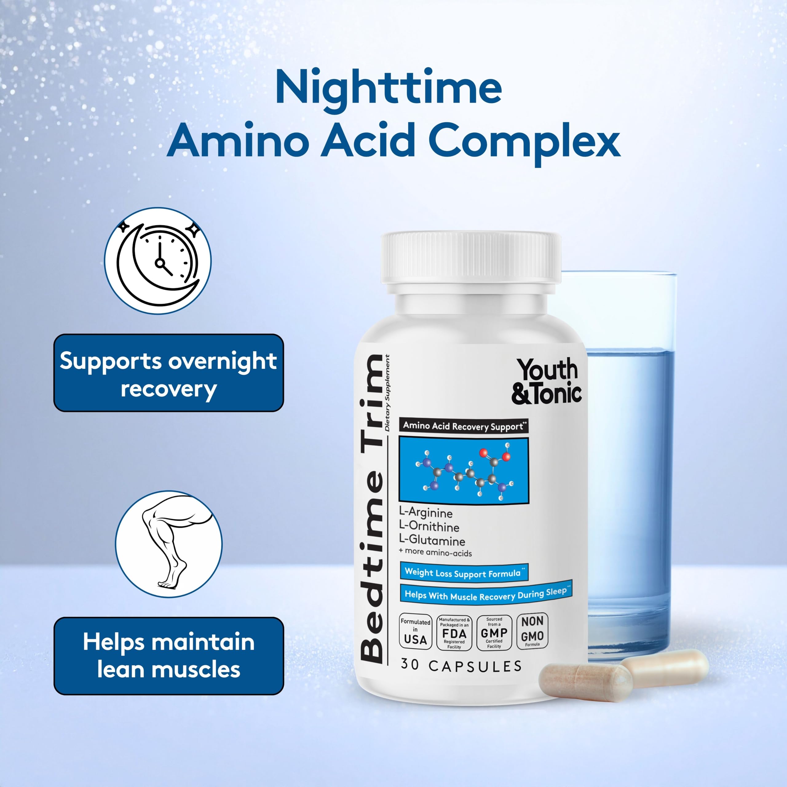 Youth & Tonic PM Bedtime Trim for Lean Appearance & Muscle Definition Support – Nighttime Amino Acids Supplement for Overnight Recovery, Men & Women, 30 Capsules Youth & Tonic Au supplements
