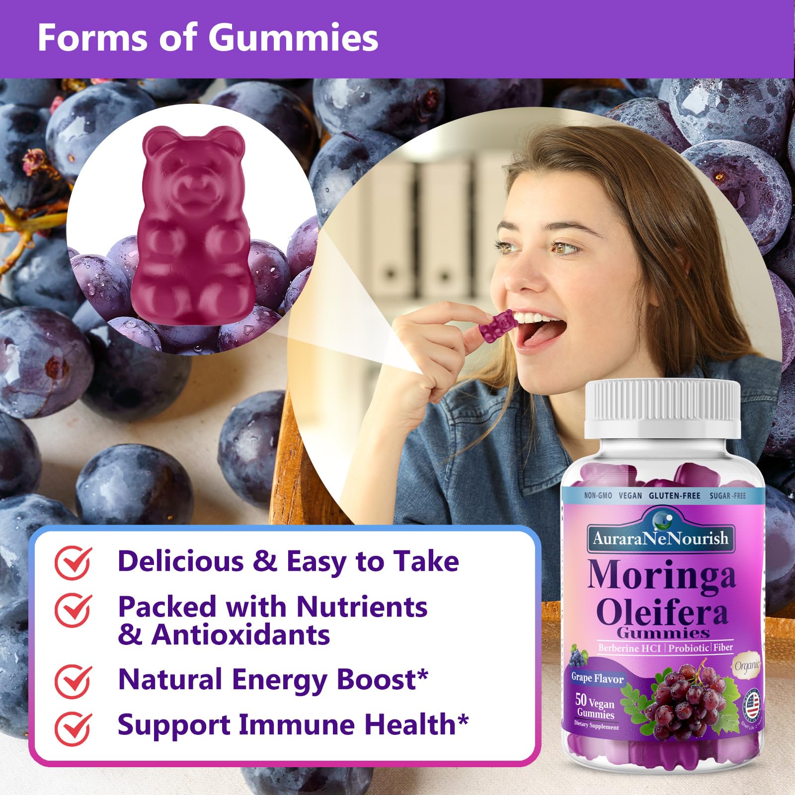 AuraraNeNourish Organic Moringa Oleifera Gummies for Women & Men, 8-in-1 Superfood Blend w. Berberine HCl & Moringa Leaf Extract for GLP-1 Support & Energy Immune Joint & Gut Health Sugar-Free AuraraNeNourish Au supplements