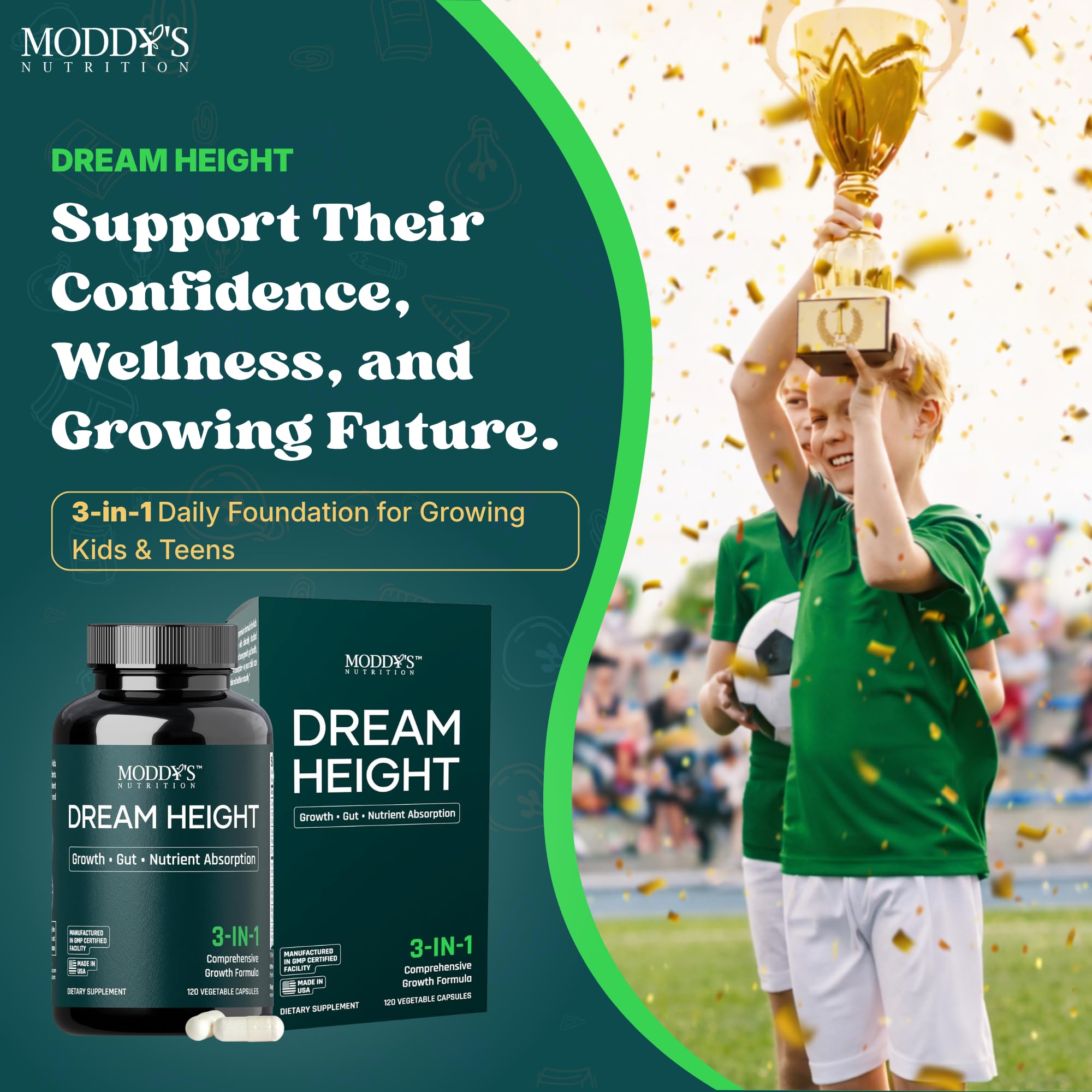 Moddy's Nutrition DreamHeight Growth Supplement for Kids & Teens, Bone, Immune & Sleep Support, Clinically Studied Formula, 120 Small Easy-to-Swallow Capsules Moddy's Nutrition Au supplements