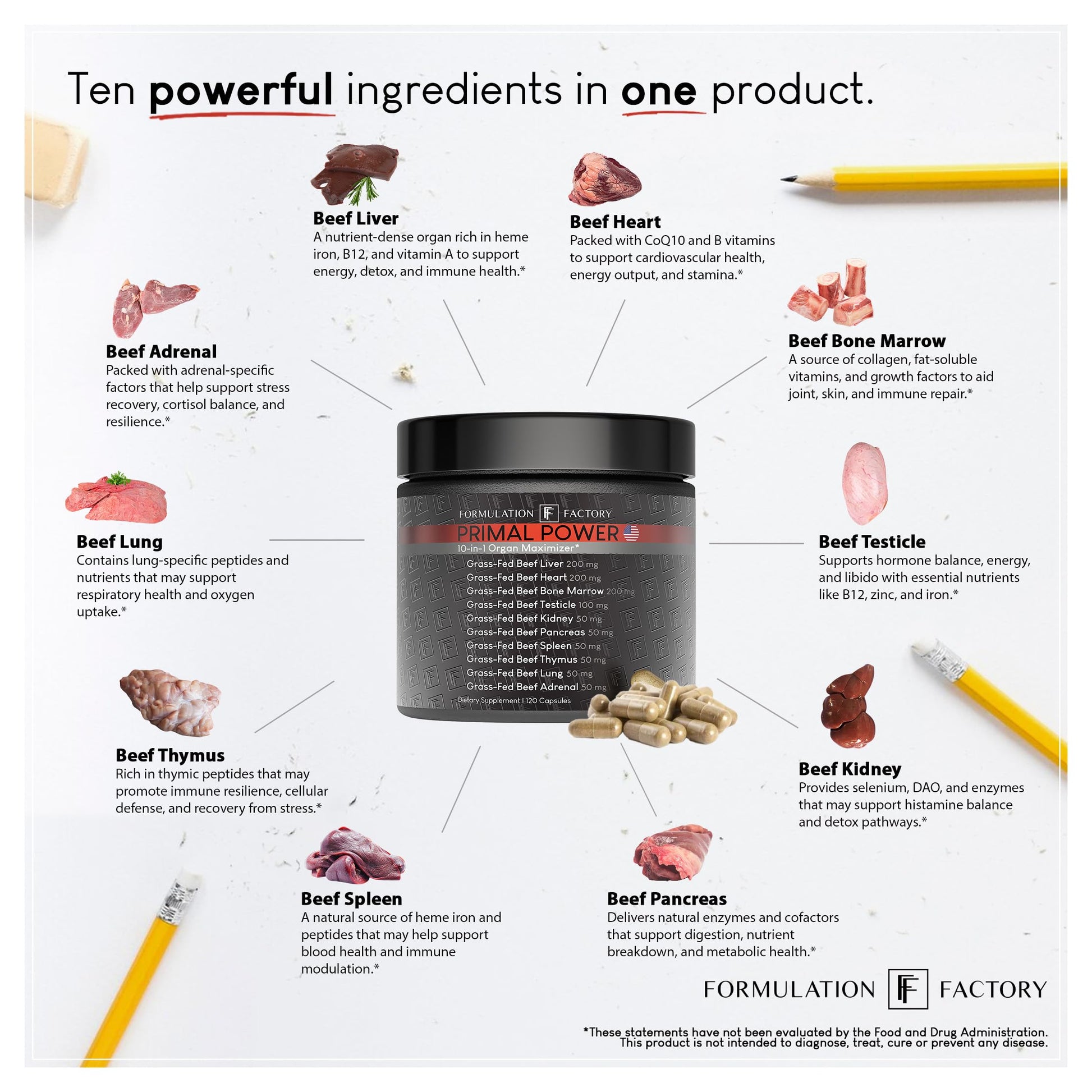 Formulation Factory Beef Liver Capsules - 10-in-1 Primal Powder Beef Organ Supplement for Men & Women with Bone Marrow & Beef Testicle - Grass Fed Ancestral Health - 120 Capsules, 2 Month Supply Formulation Factory Au supplements