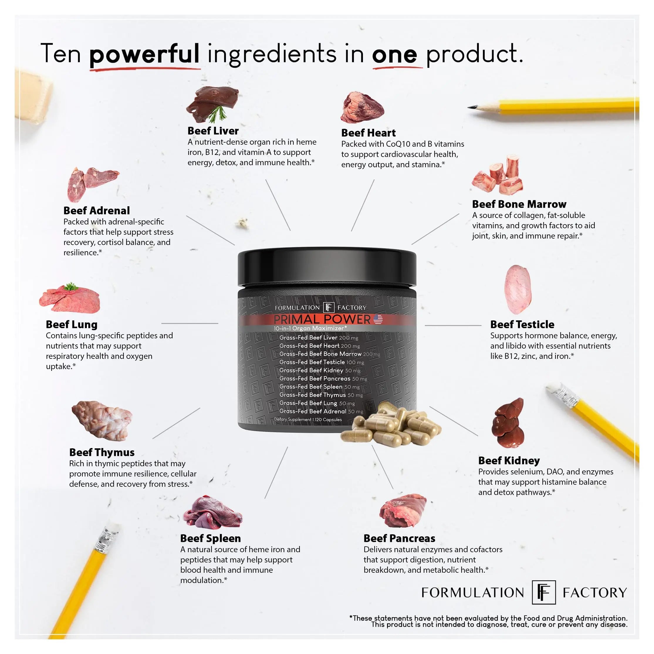 Formulation Factory Primal Power 10-in-1 Beef Organ Supplement - Grass Fed Beef Liver Capsules with Heart, Bone Marrow, Kidney, Testicle - Freeze Dried Organ - 120 Capsules, 2 Month Supply Formulation Factory Au supplements