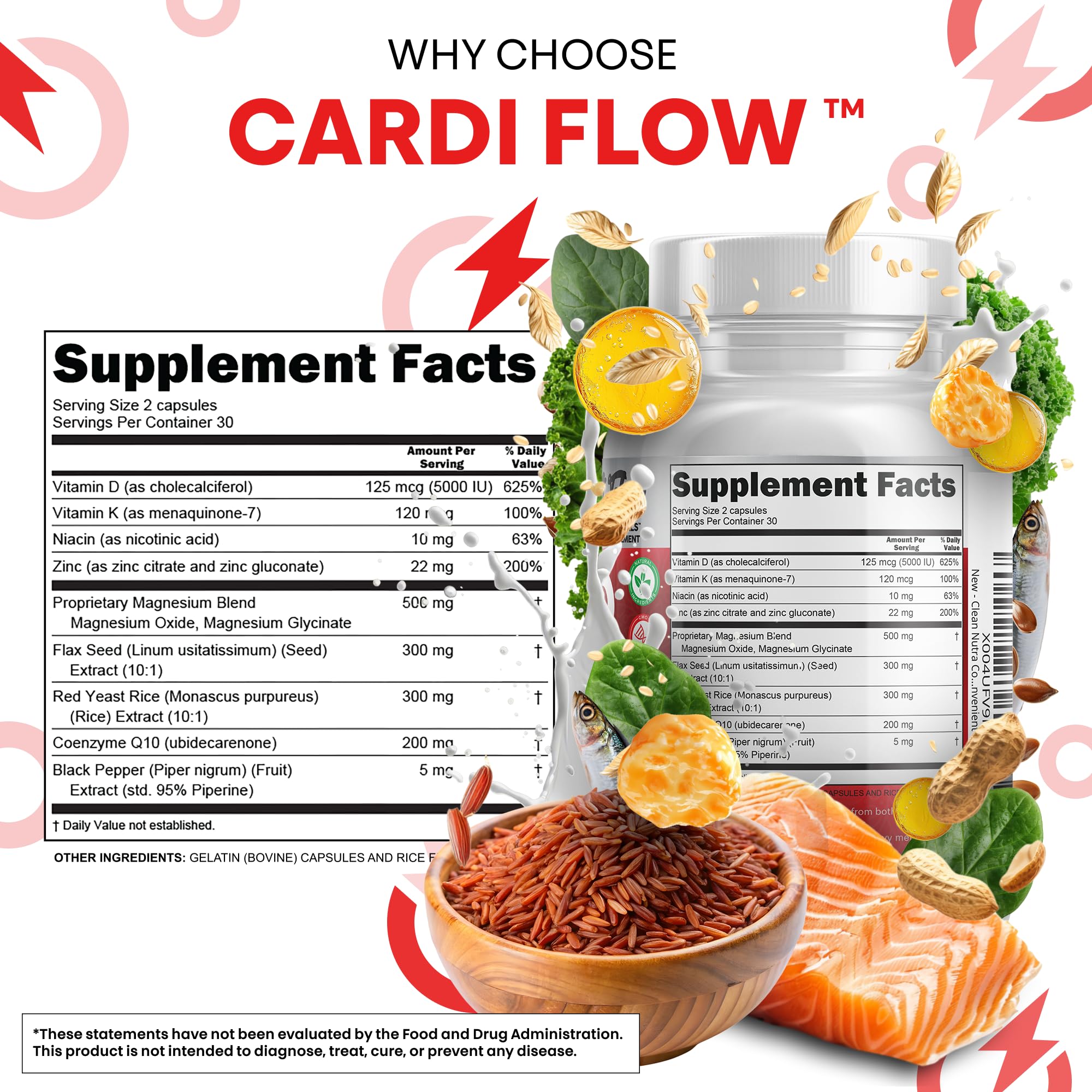 Clean Nutra CoQ10 Red Yeast Rice Magnesium Glycinate Vitamin K2 D3 Niacin Zinc Flax Seed Omega 3 Capsules 60 Count All in One Formula Premium Ingredients Dietary Supplement Clean Nutraceuticals Au supplements