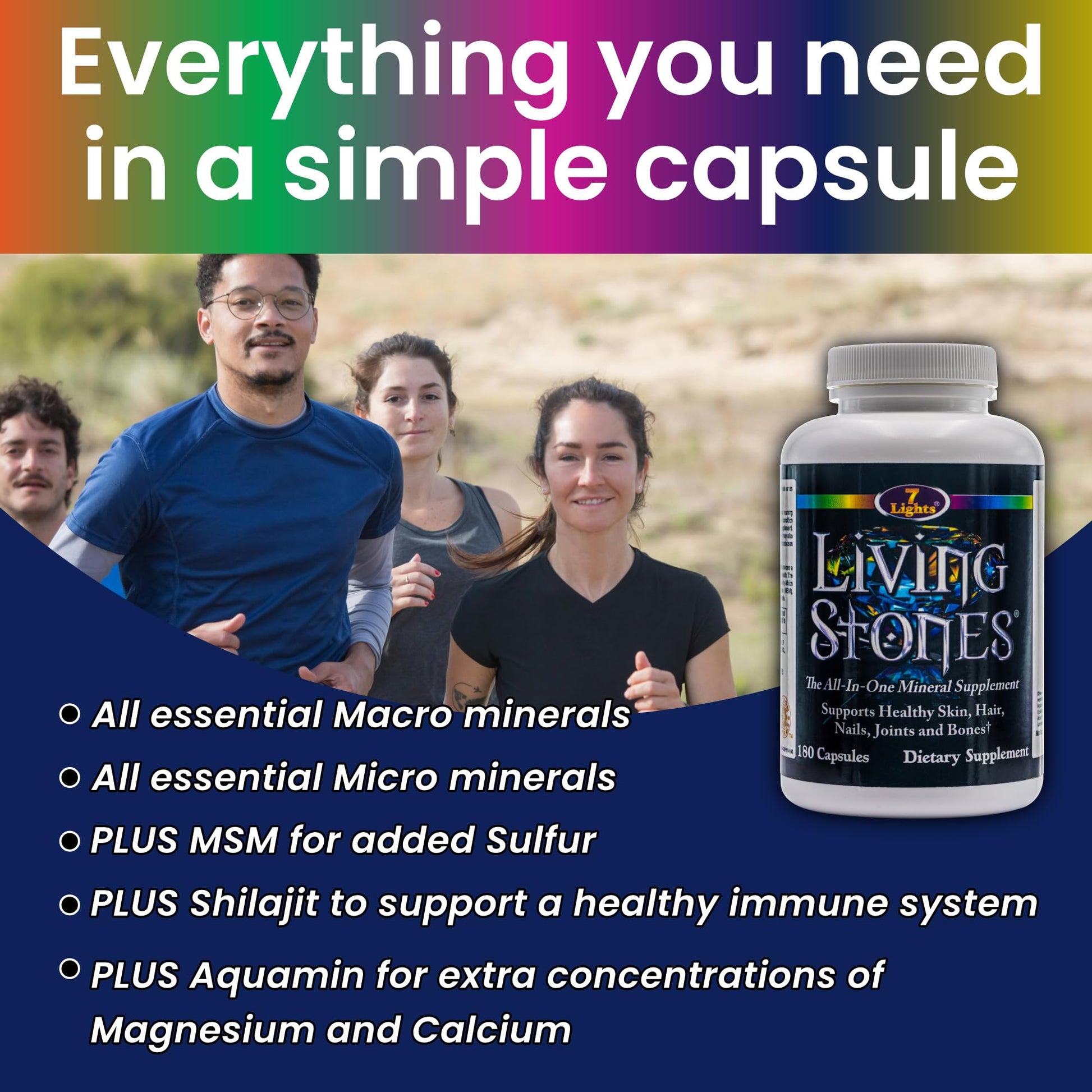 Living Stones, Complete Mineral Supplement with Zinc, Calcium, Magnesium, Selenium, Trace Minerals, No Added Iron, with MSM (Organic Sulfur) and Shilajit, Premium Absorption (30-Day Supply - 180 Caps) 7 Lights Au supplements