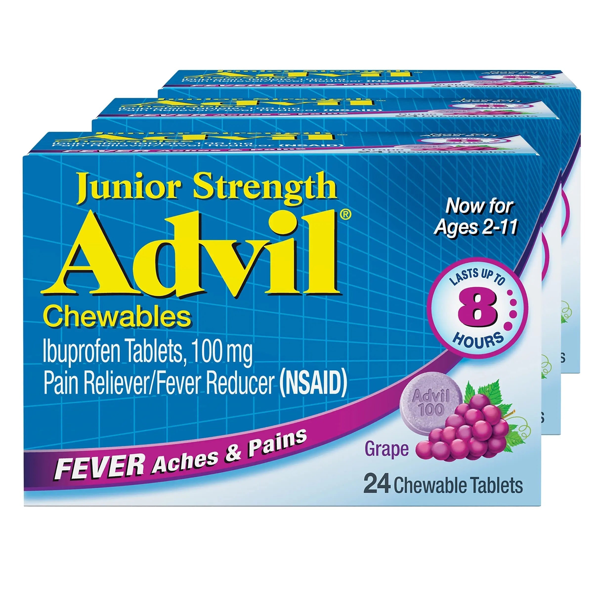 Advil Junior Strength Chewable Ibuprofen Pain Reliever and Fever Reducer, Children's Ibuprofen for Pain Relief, Grape - 24 Tablets (Pack of 3) Advil Au supplements