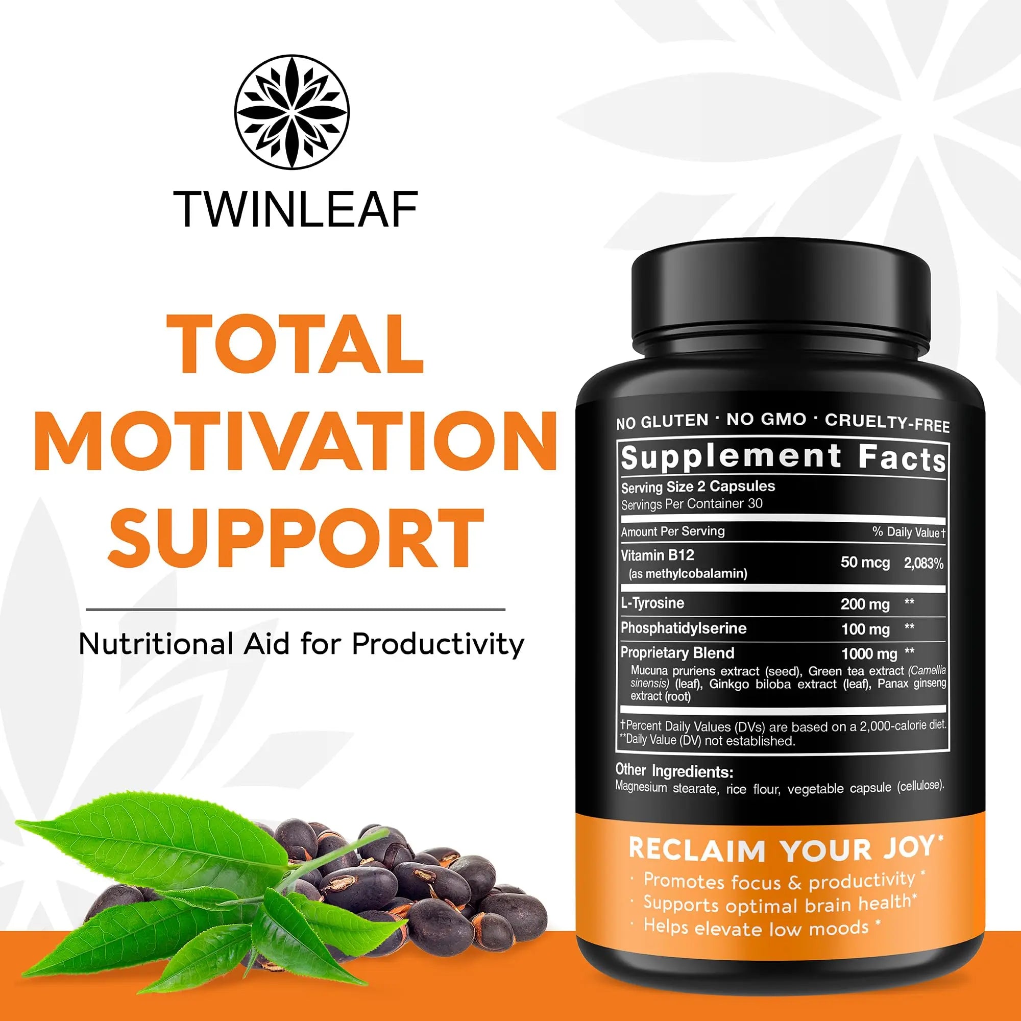 TWINLEAF Dopamine Brain Support Supplement, 1000 mg Blend - Made in USA - with DMAE, Vitamin B12 and L-Tyrosine TWINLEAF Au supplements