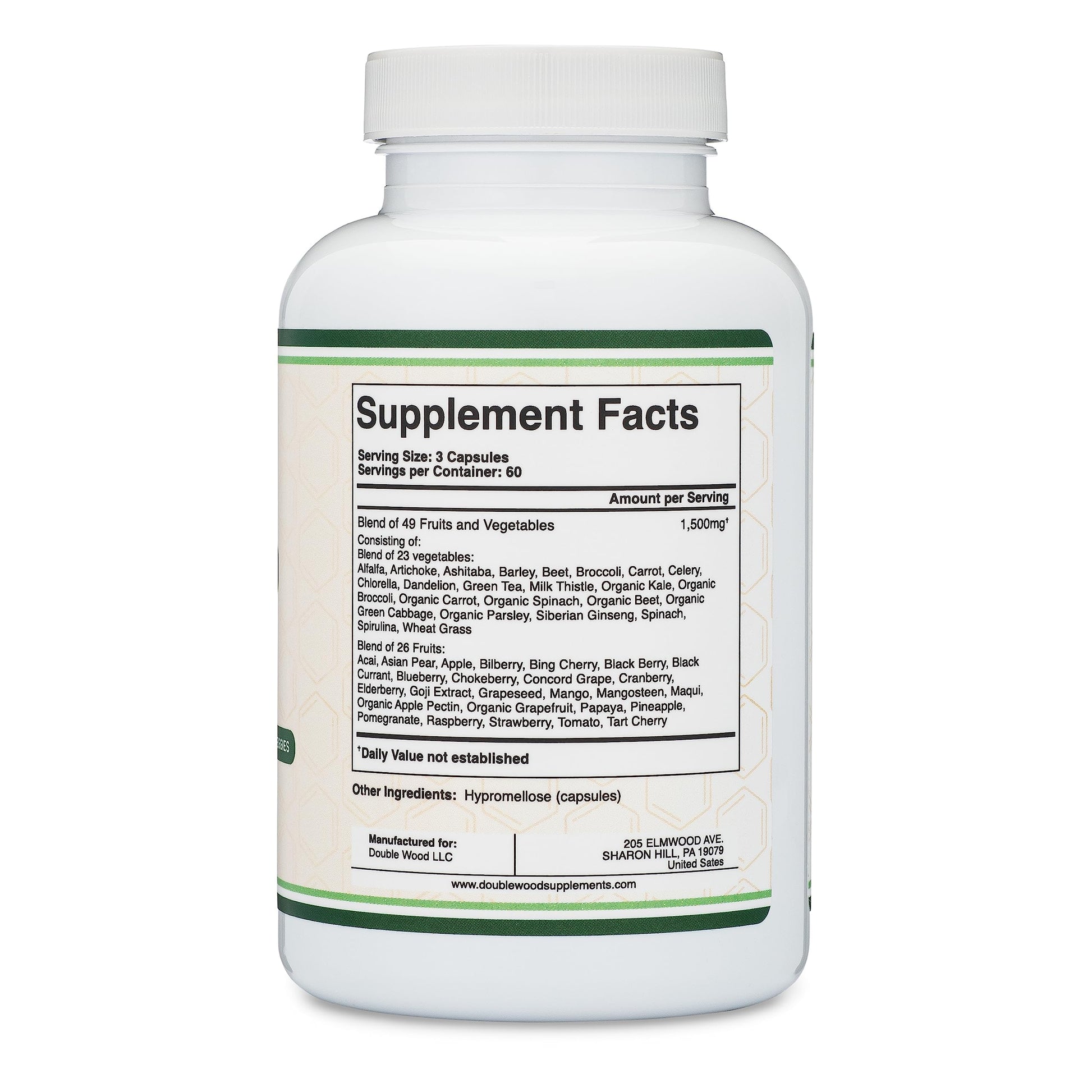 Fruits and Veggies Supplement (Daily Blend of 49 Different Fruits and Vegetables, 23 Veggies and 29 Fruits) 1,500mg Servings, 180 Capsules (No Fillers, Vegan Safe, Non-GMO) by Double Wood Double Wood Supplements Au supplements