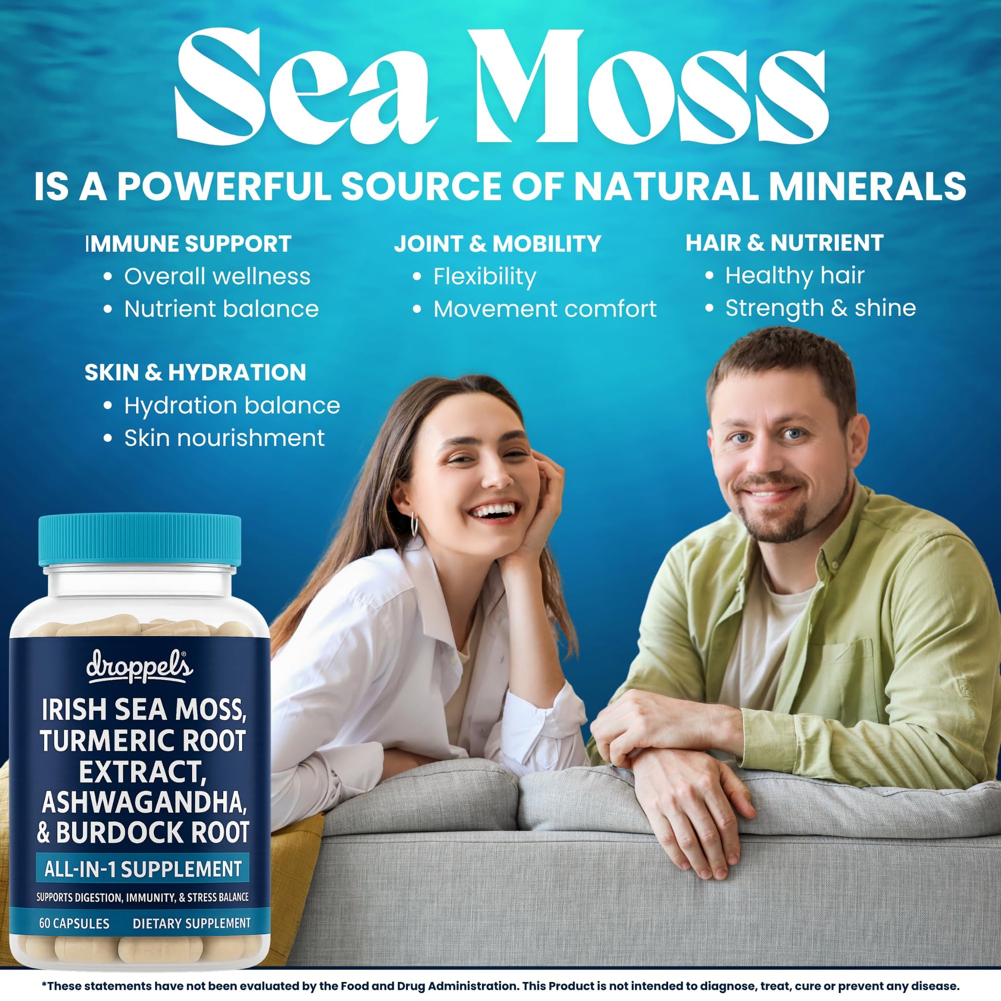 Droppels Irish Sea Moss Capsules with Turmeric Root, Ashwagandha, Black Pepper & Burdock Root – Natural Mineral Blend for Immune, Digestion, Joint & Energy Support – Vegan, Non-GMO – 60 Capsules Droppels Au supplements